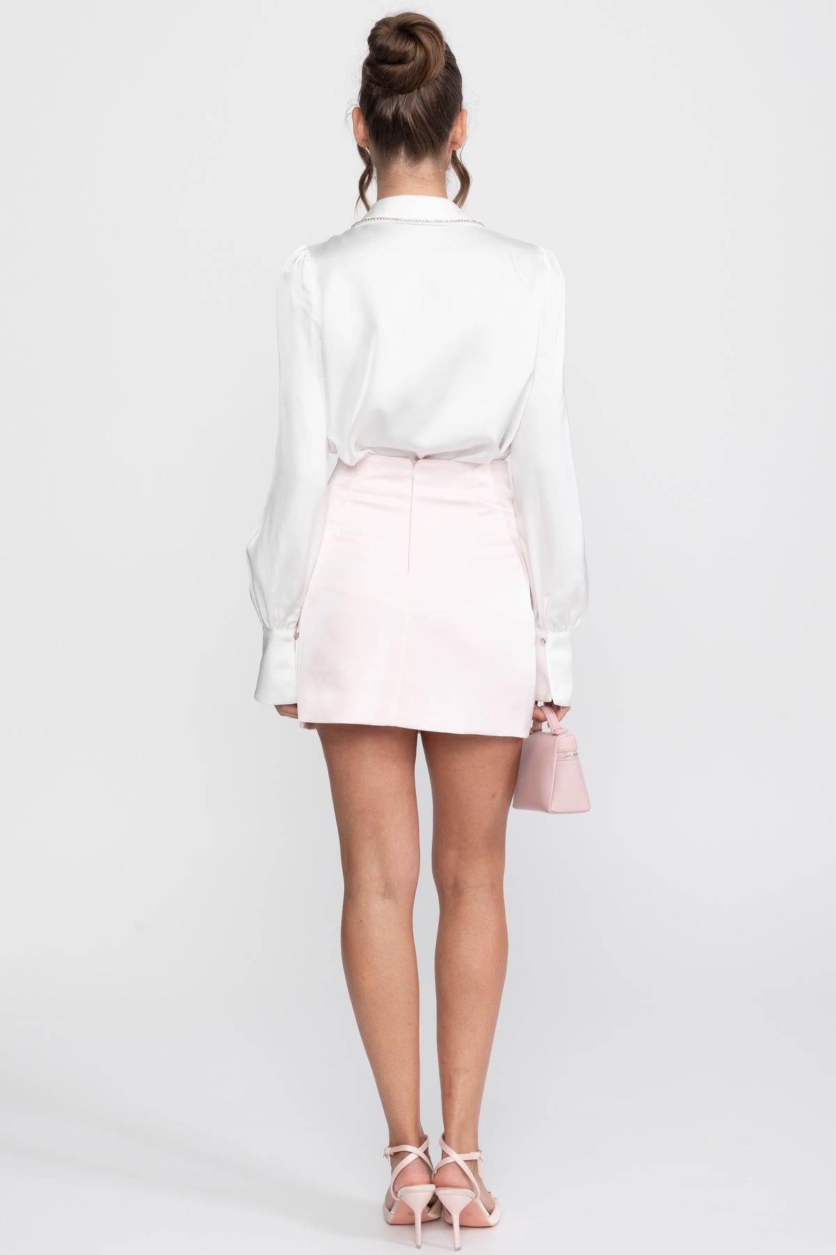 Crystal Collar Shirt And Contrasting Skirt Co-Ord Set- White / Pink