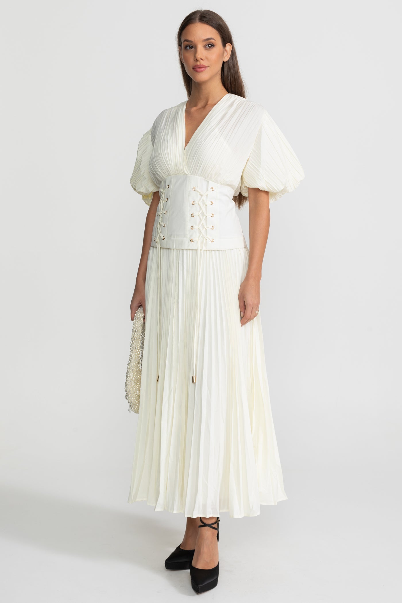 Pleated Maxi Dress with Corset Waist Detail - Ivoire