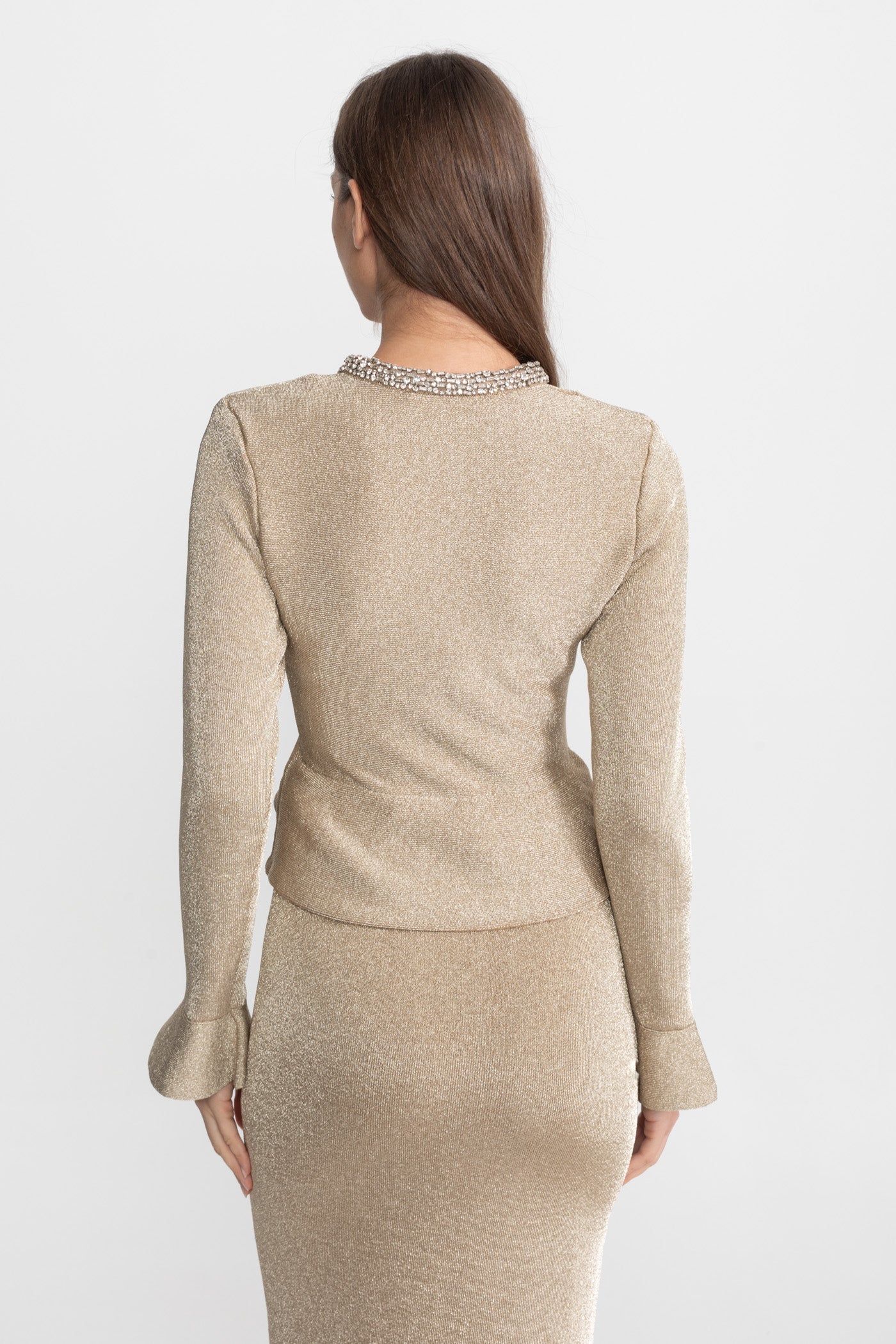 Shimmer Knit Dress with Crystal Button Accents – Champagne