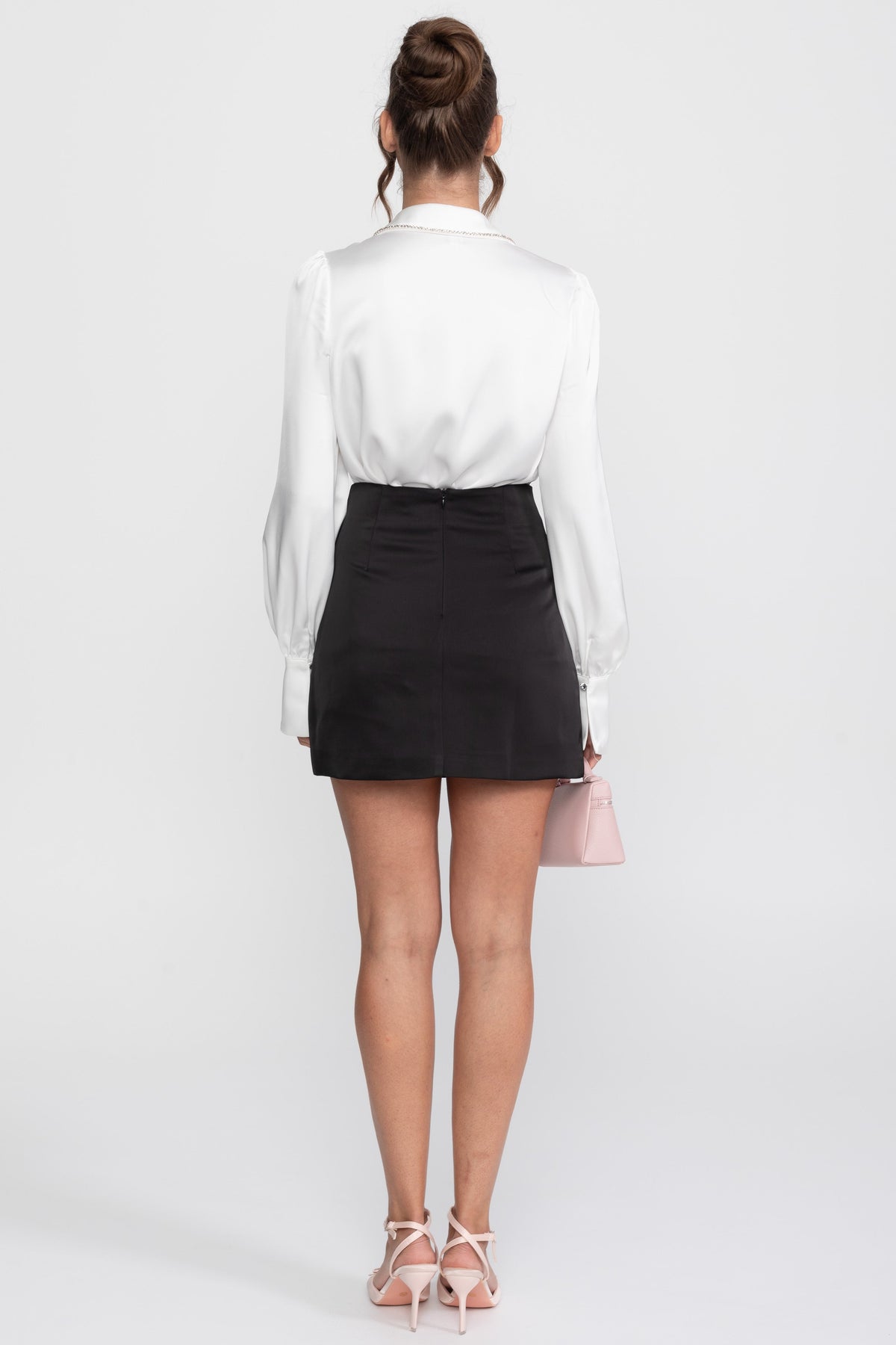 Crystal Collar Shirt And Contrasting Skirt Co-Ord Set- White / Black