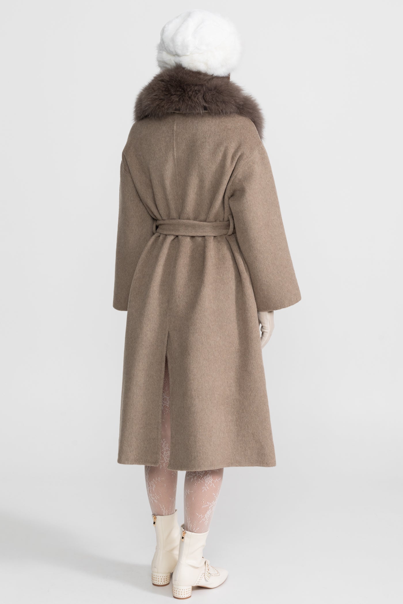 Wool Wrap Coat with Fox Fur Collar And Tie Belt – Khaki