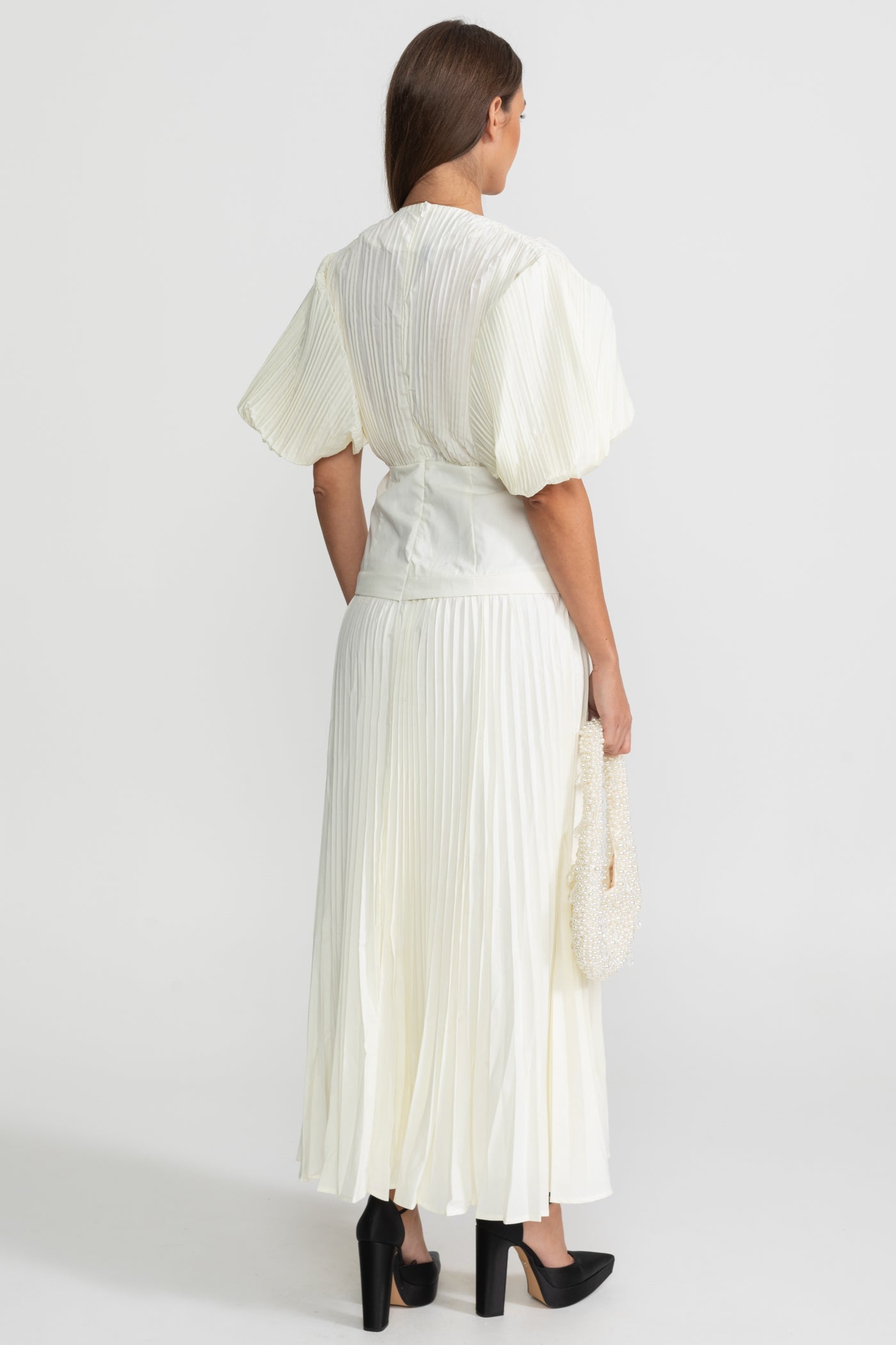 Pleated Maxi Dress with Corset Waist Detail - Ivoire