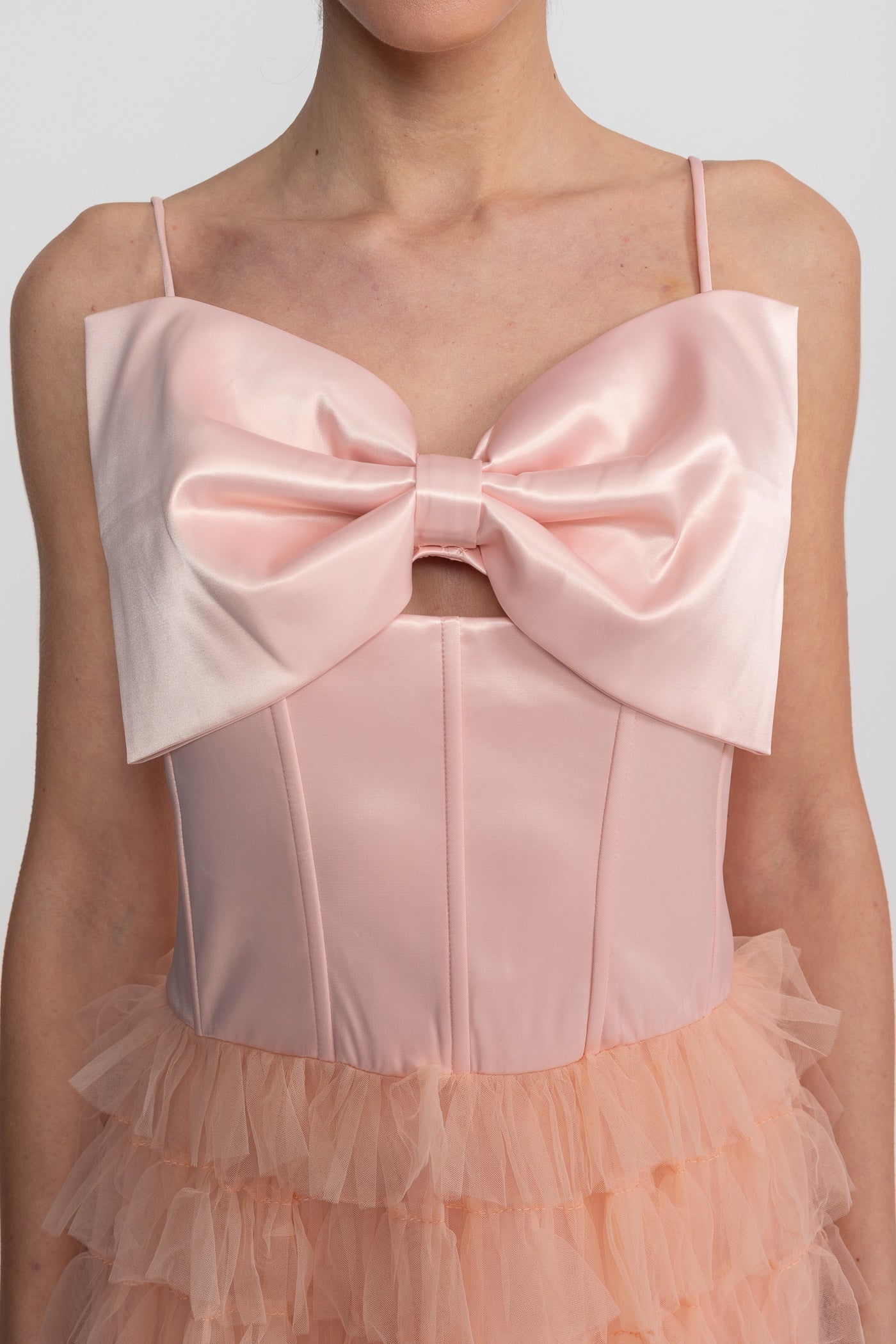 Satin Bow Strap Maxi Dress With Tiered Tulle Skirt - Blush Pink