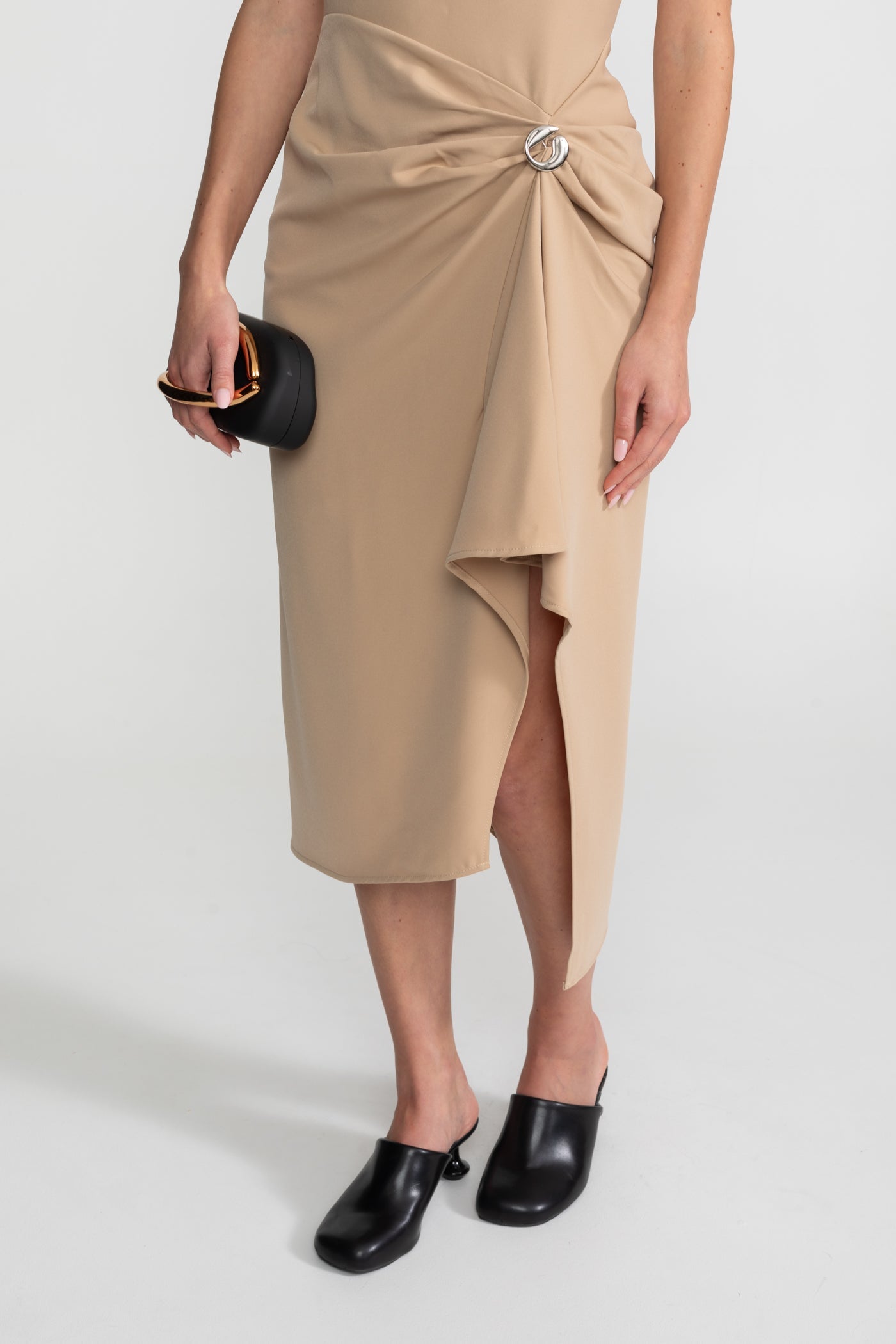 Draped Halter Midi Dress With Asymmetric Drape Detail – Nude
