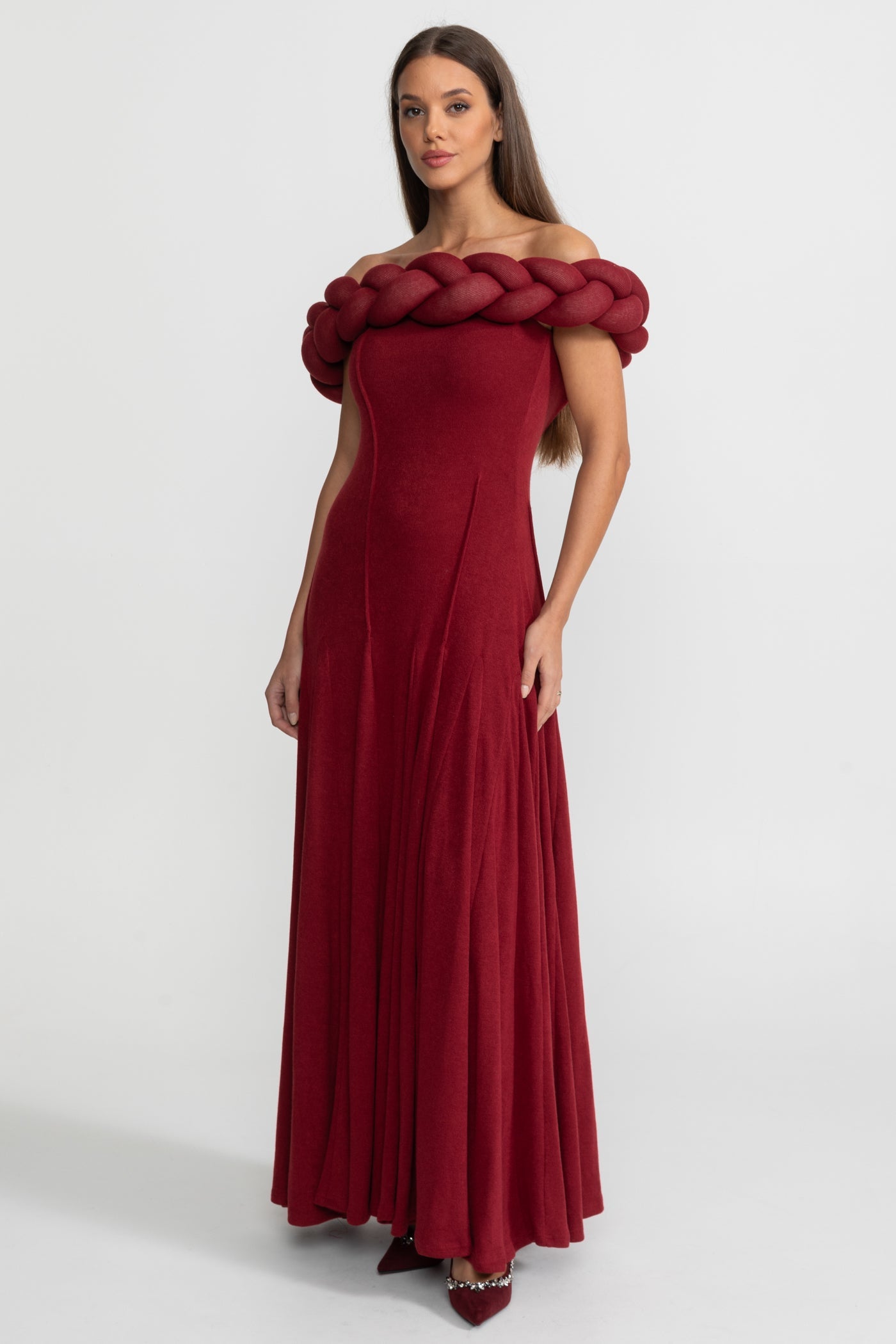 Off-Shoulder Braided Neckline Maxi Dress – Deep Red