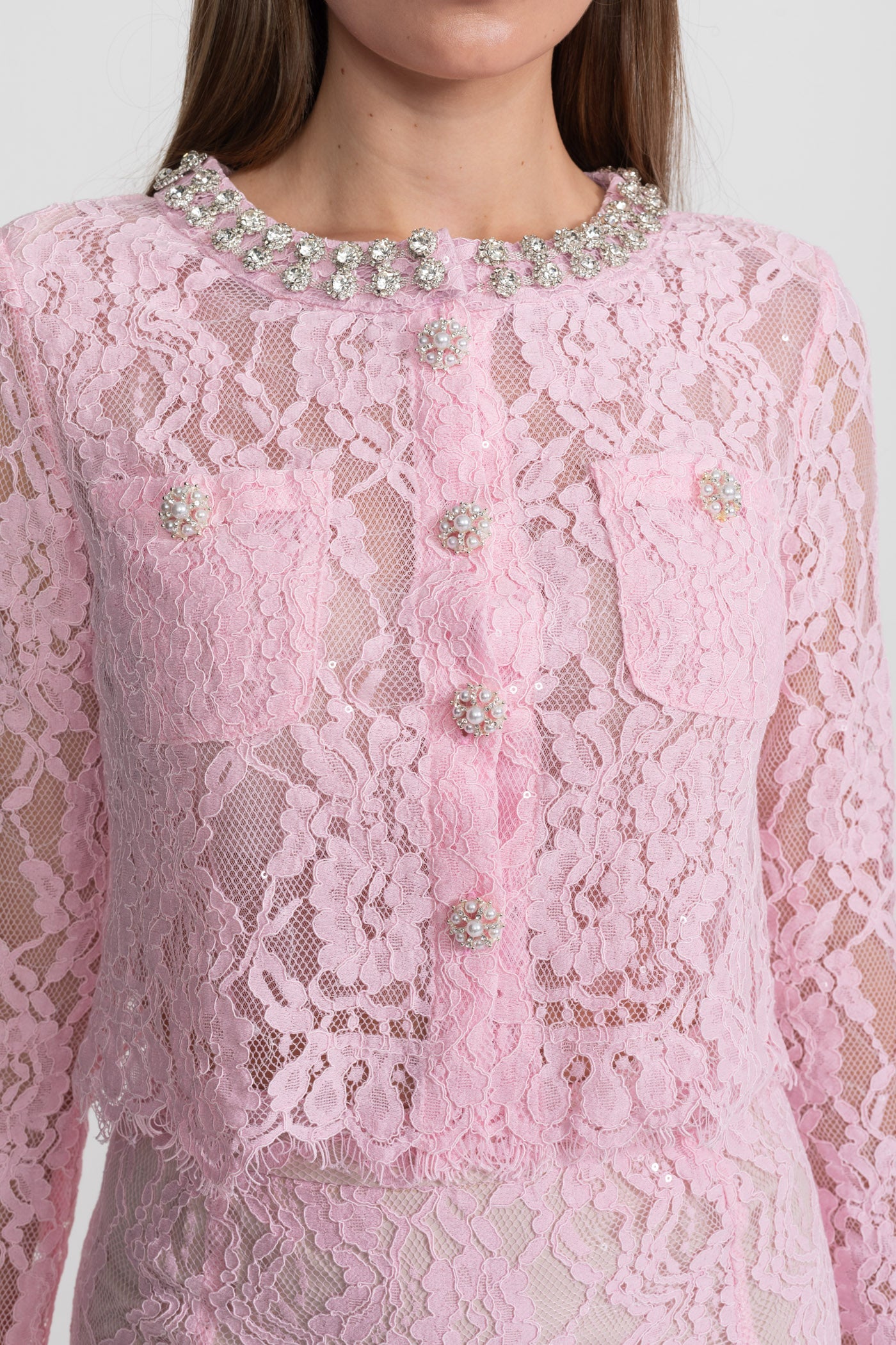 Lace Co-ord Set with Embellished Collar and Buttons - Pink