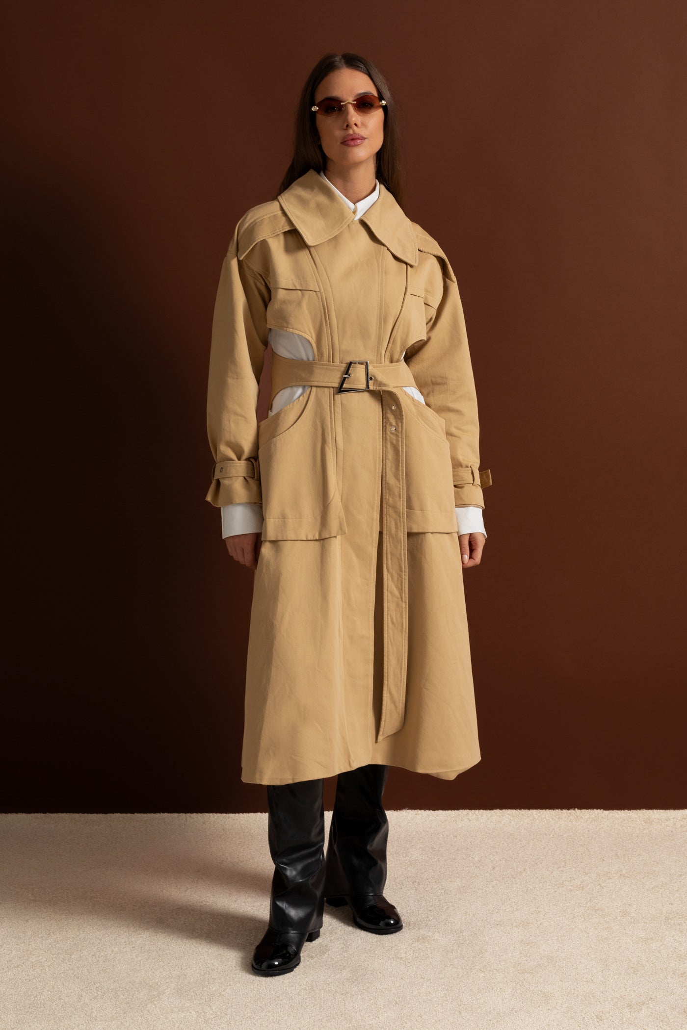 Cutout Trench Coat with Belted Waist and Utility Pockets - Beige