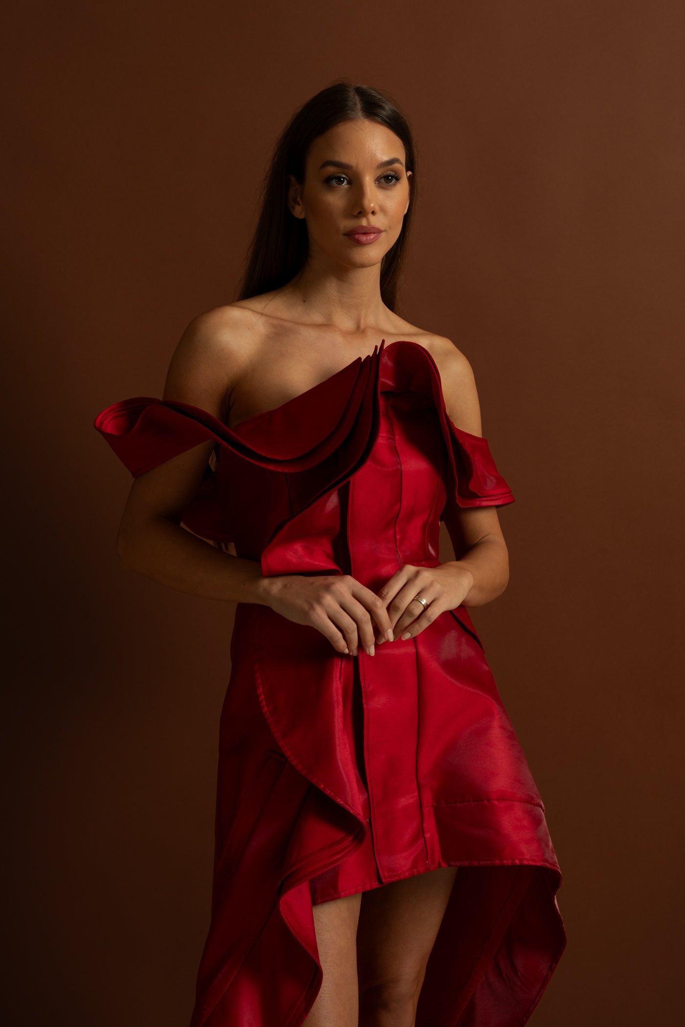 Off-Shoulder Ruffled High-Low Satin Dress – Crimson Red