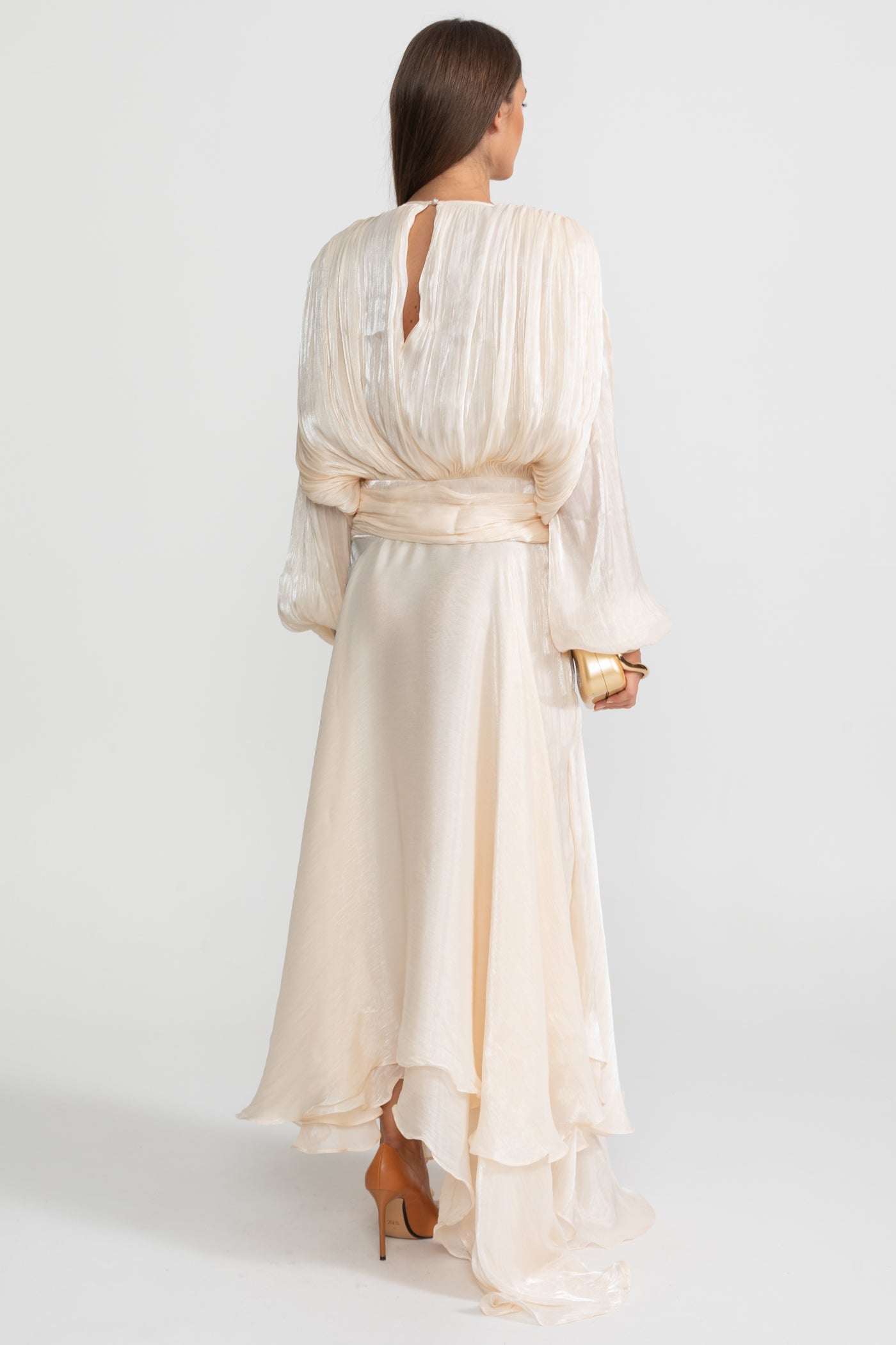 Maxi Dress with Pleated Bodice and Draped Skirt - Ivoire