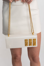 Structured Chain Shoulder Bag With Gold Embossed Plaques - White