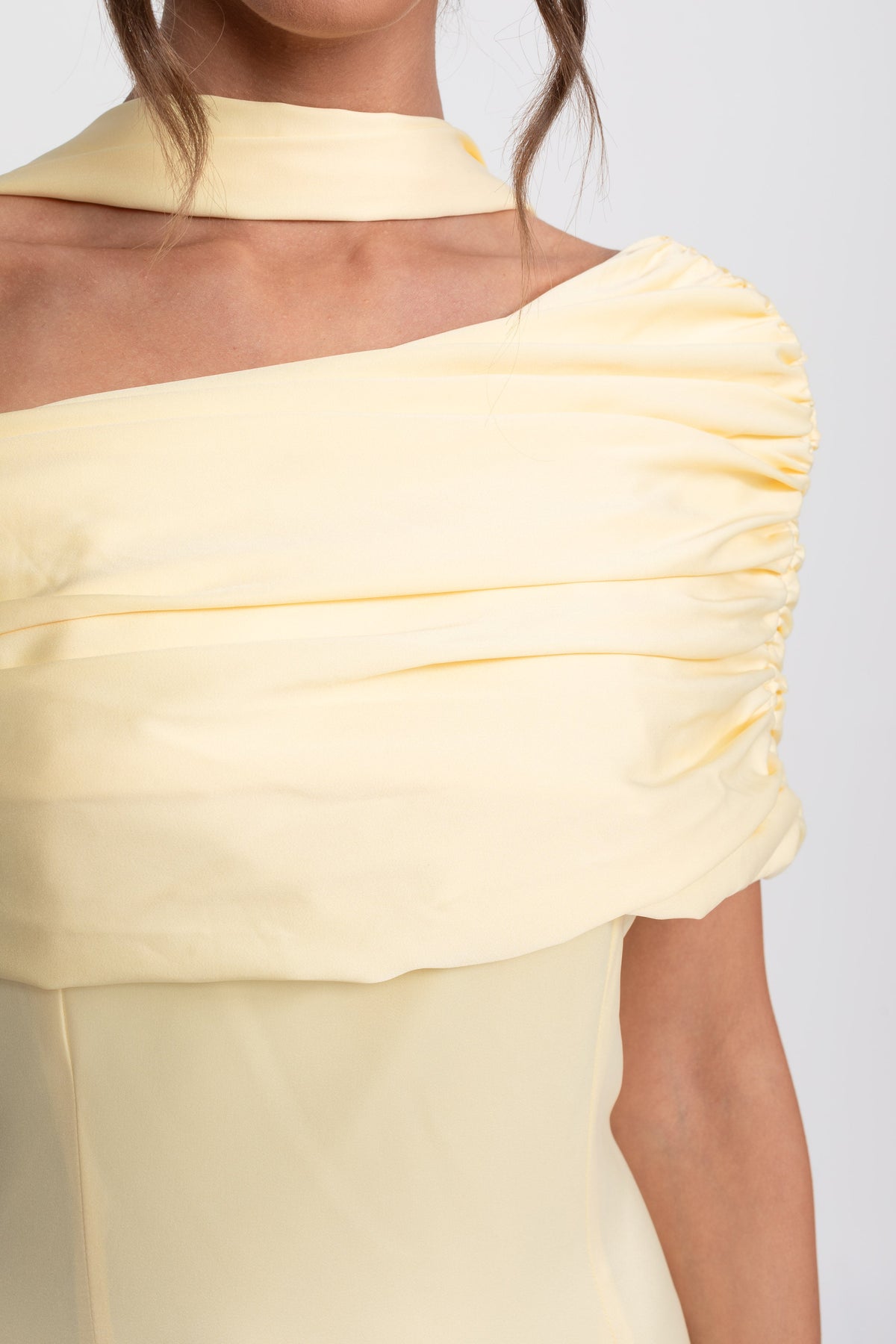One-Shoulder Draped Satin Gown With Ruched Wrap - Yellow