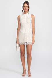 Lace Corset Collared Mini Dress With Buttoned Front - Ivoire
