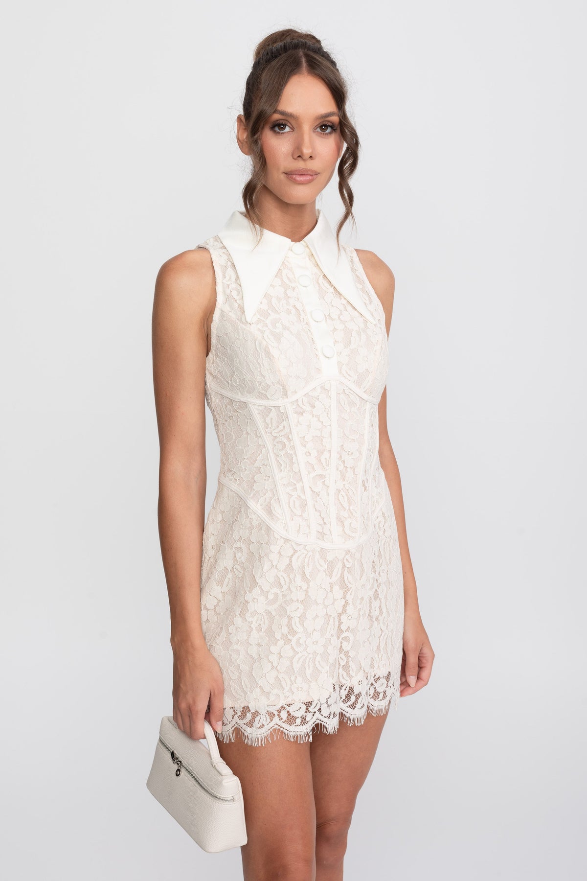 Lace Corset Collared Mini Dress With Buttoned Front - Ivoire