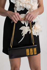 Structured Chain Shoulder Bag With Gold Embossed Plaques - Black