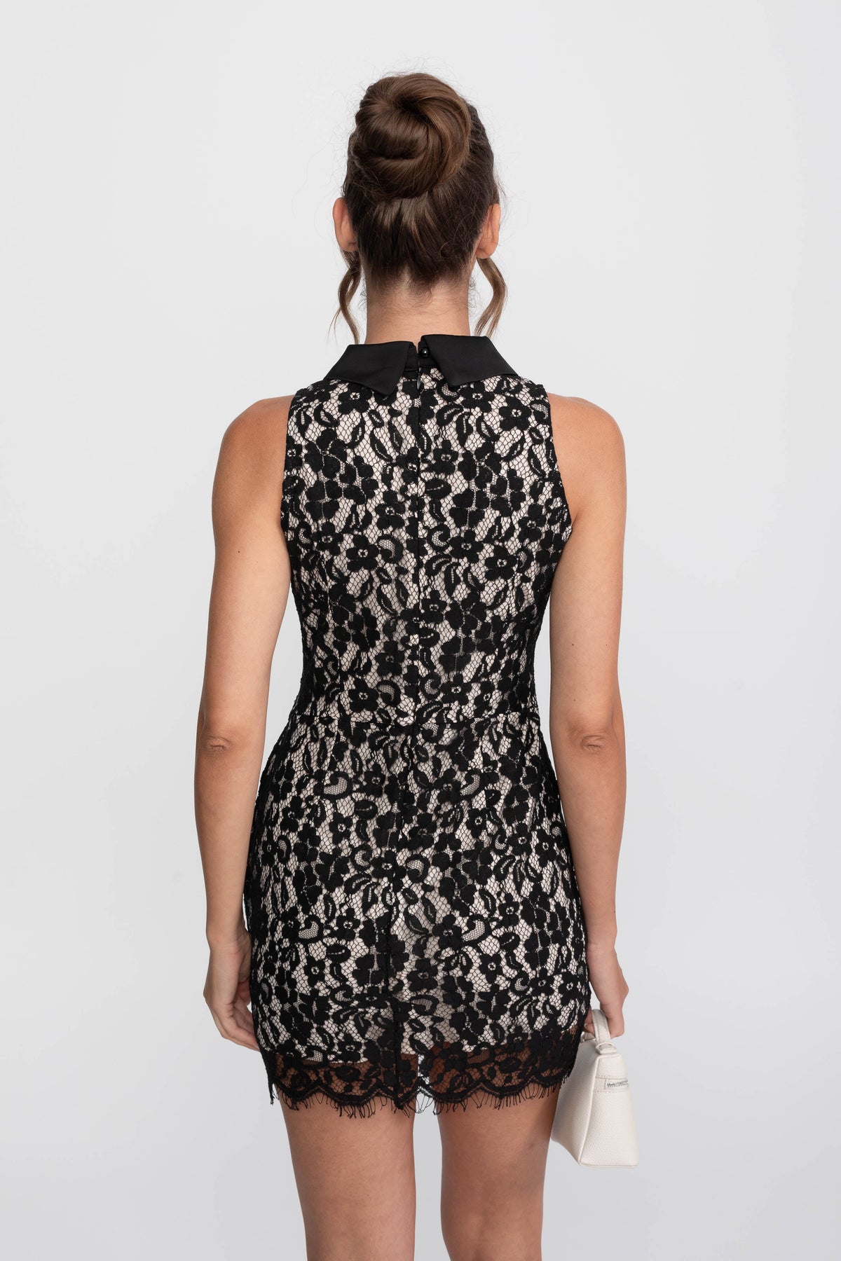 Lace Corset Collared Mini Dress With Buttoned Front - Black