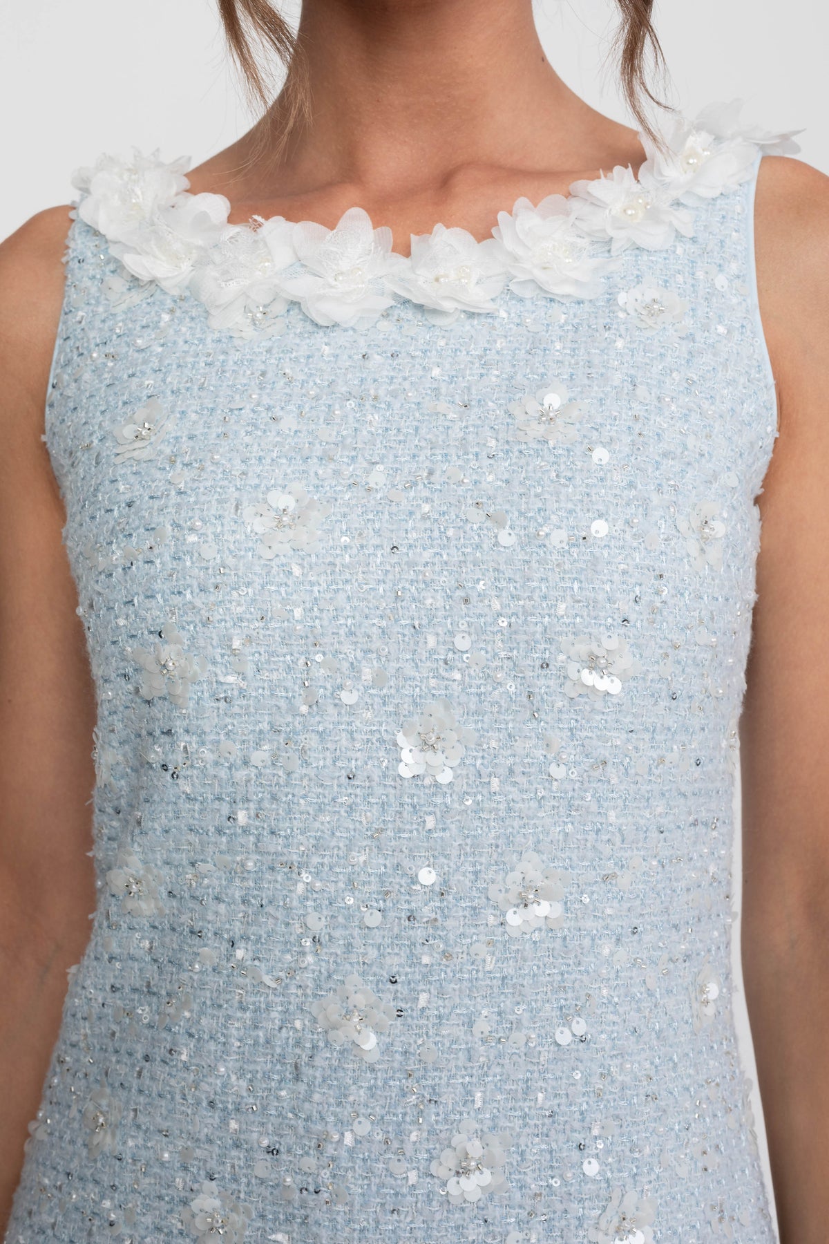 Philippa Light Blue Ribbed Knit Mini Dress With Floral Collar