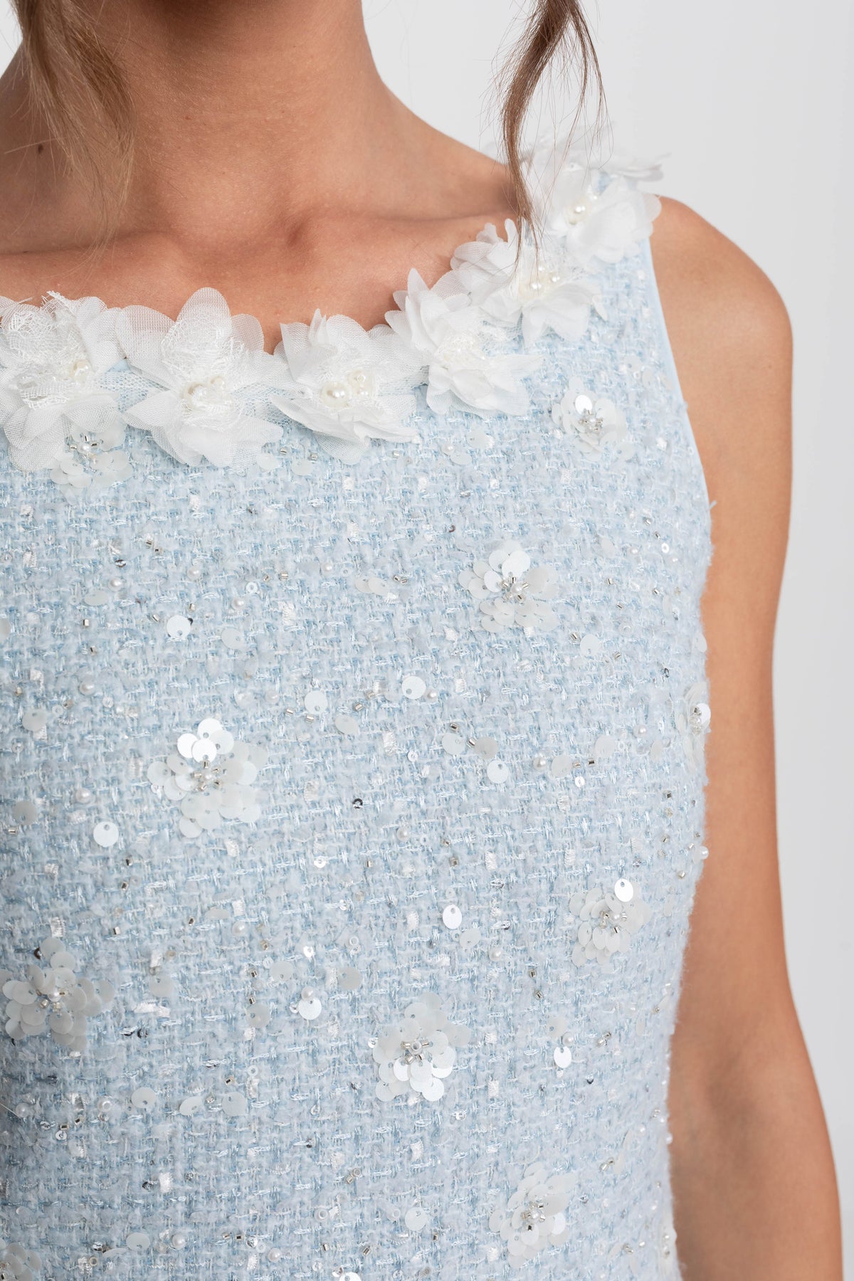 Philippa Light Blue Ribbed Knit Mini Dress With Floral Collar