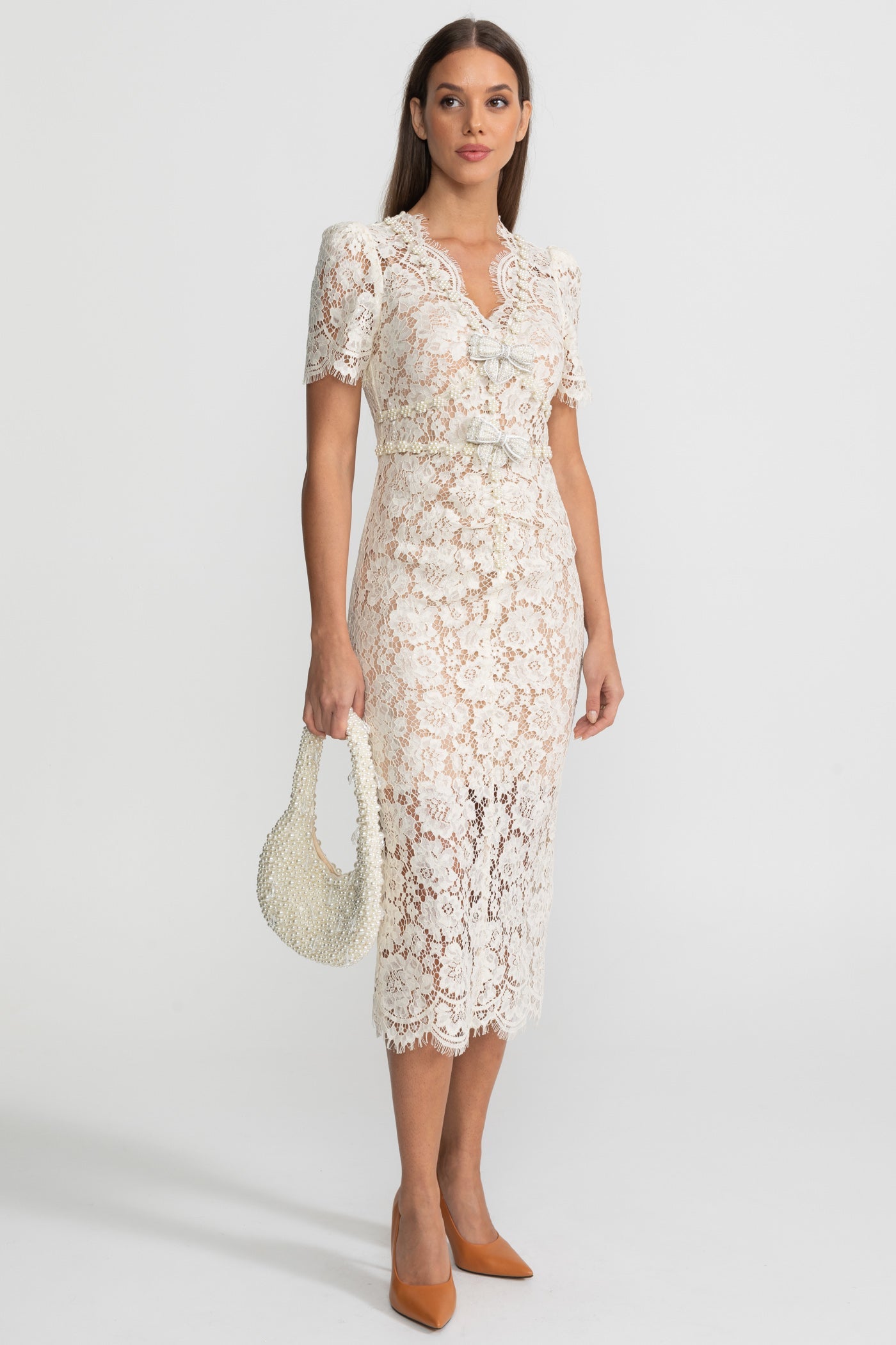 Embellished Lace Midi Dress With Bow Detailing – Ivoire