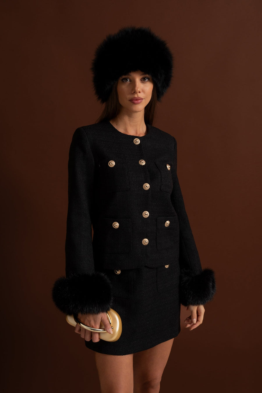 Leocadie Black Tweed Blazer With Faux Fur Cuffs And Gold Buttons