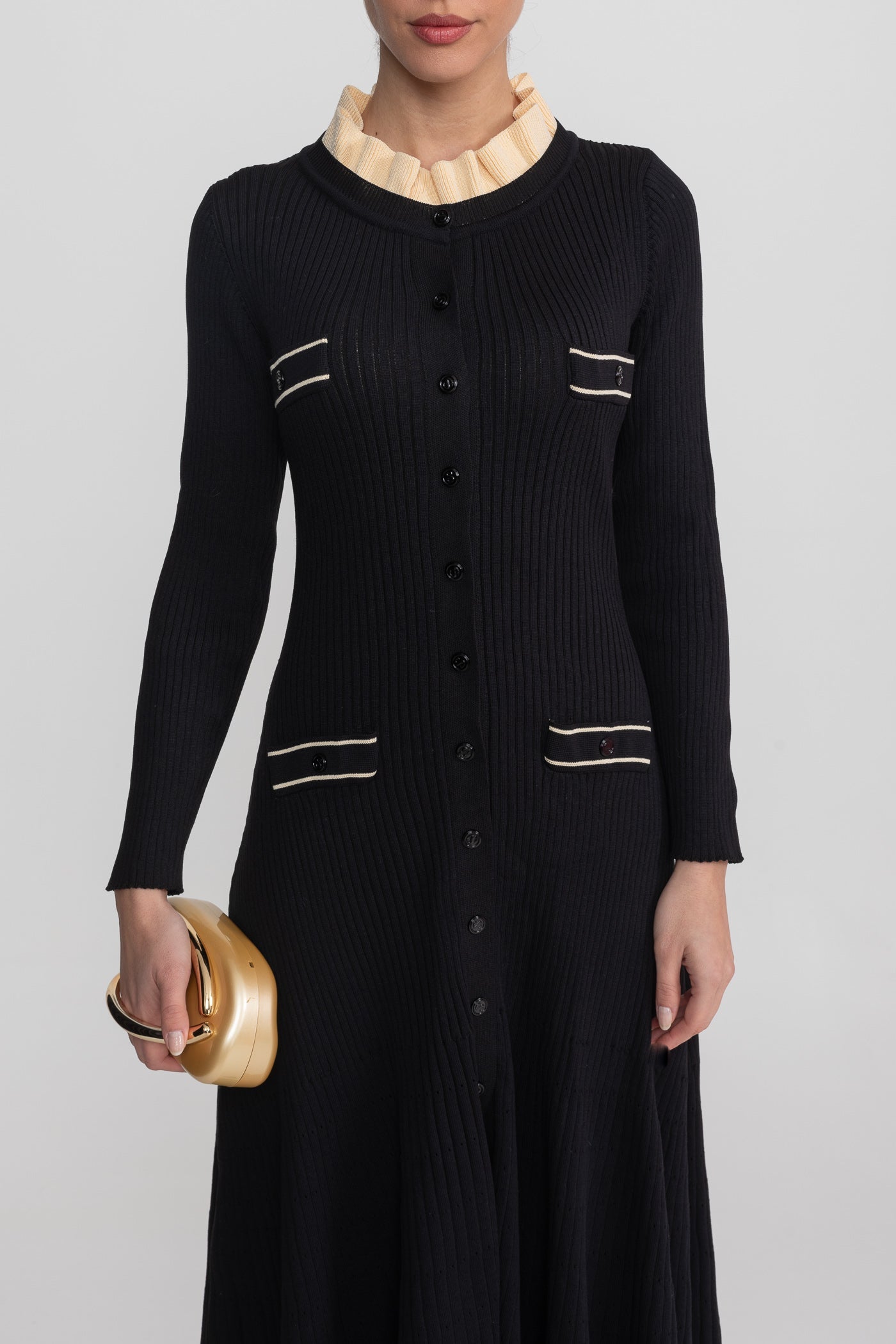Long Sleeve Midi Dress With Button-Through Front And Contrast Pocket Trim - Black