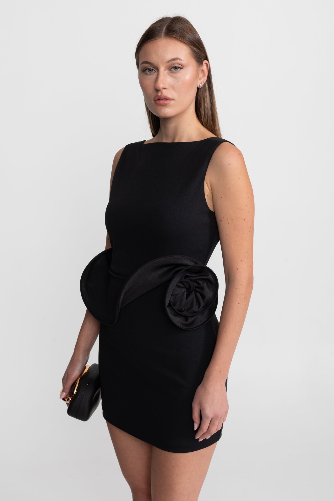 Mini Dress with Sculptural Peplum Detail - Black