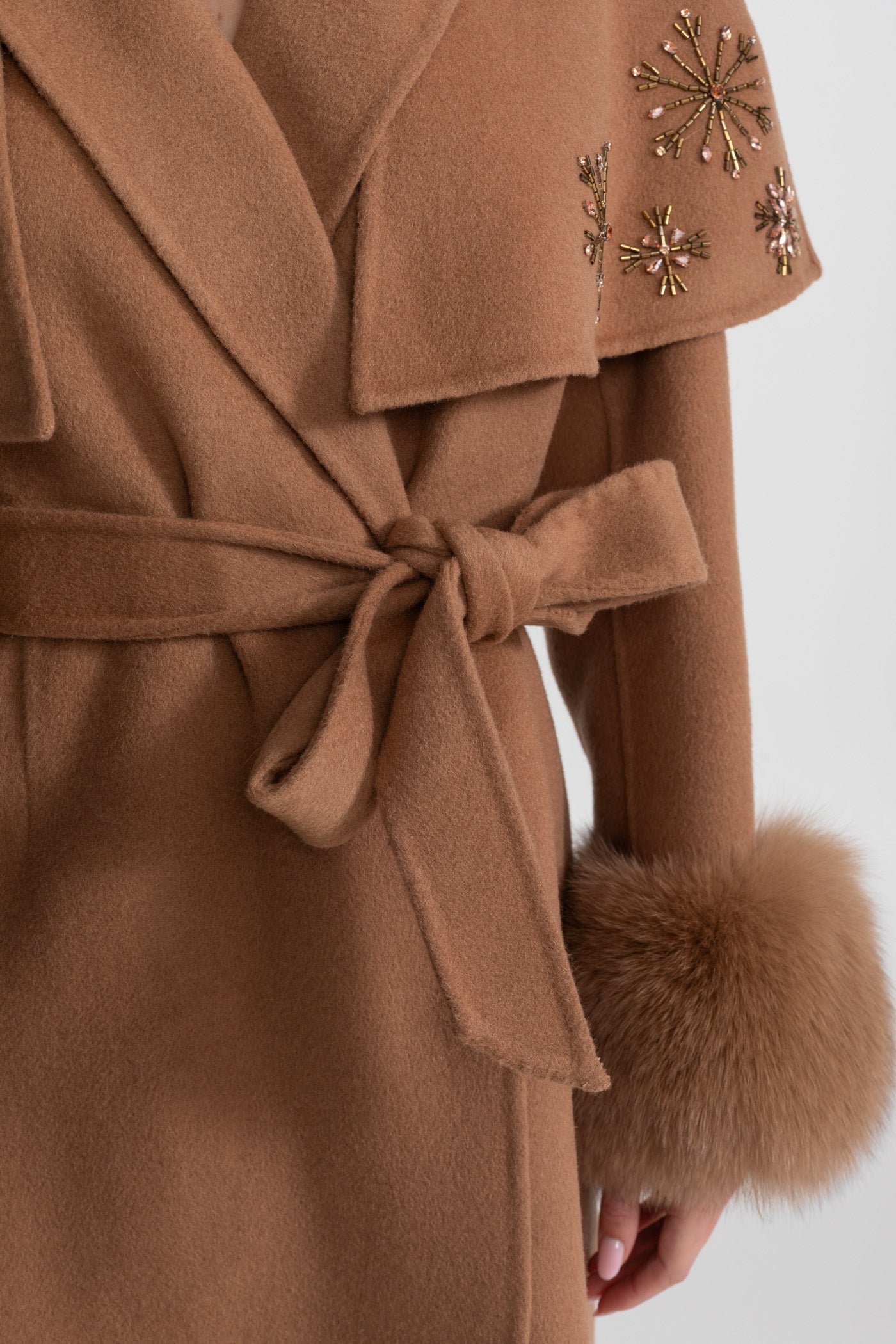 Embellished Wool Coat with Fox Fur Cuffs And Cape Overlay - Light Brown