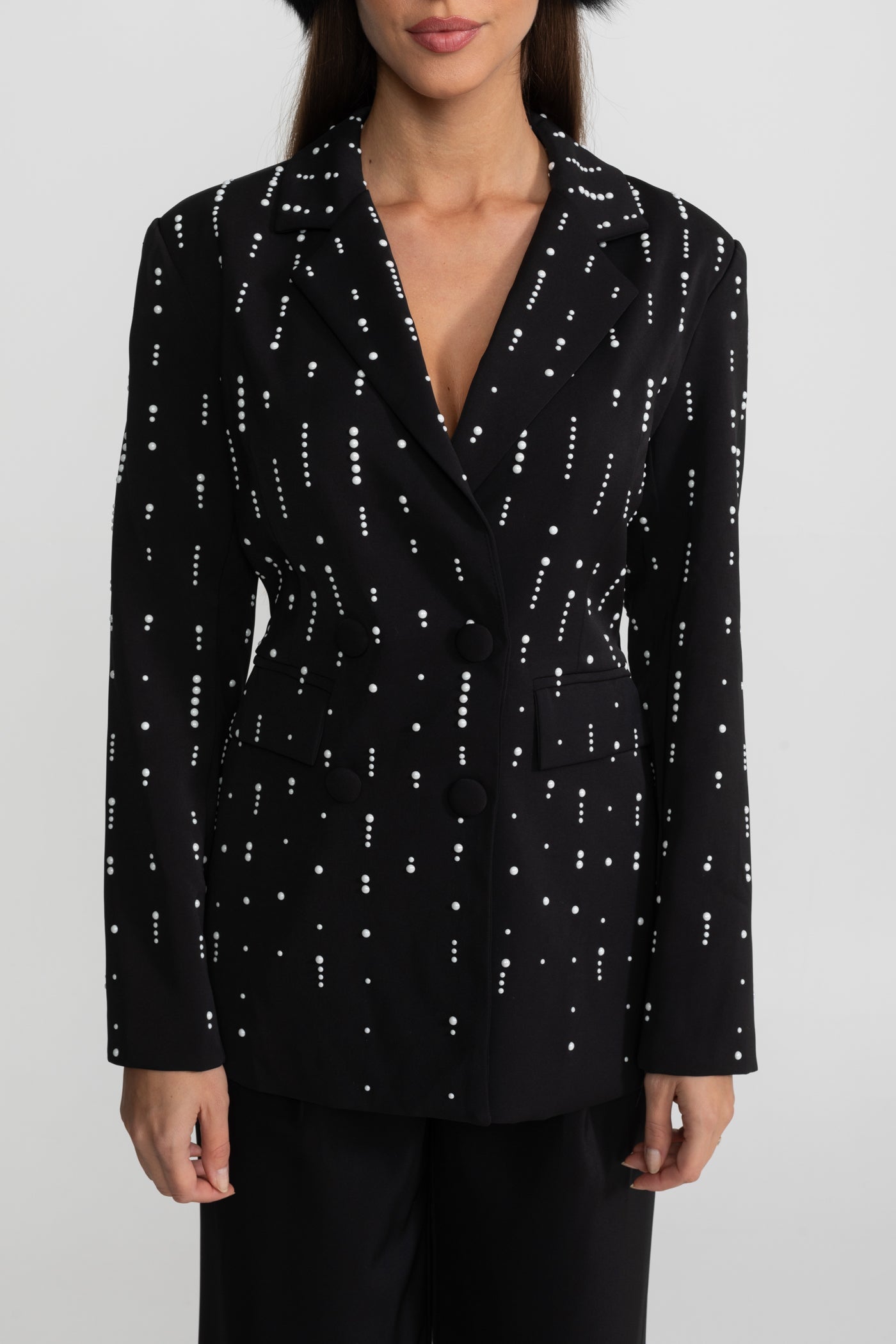 Tailored Blazer With White Bead Embellishments - Black