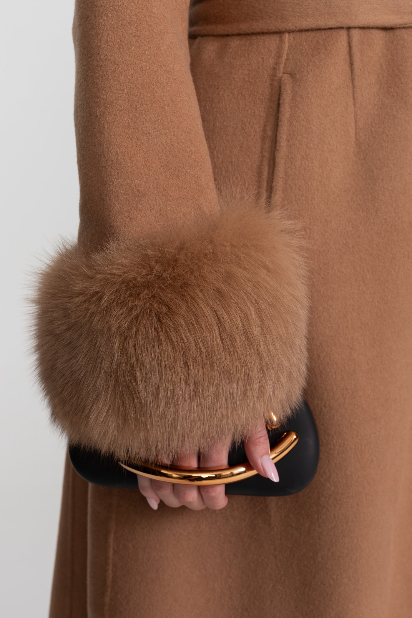 Embellished Wool Coat with Fox Fur Cuffs And Cape Overlay - Light Brown