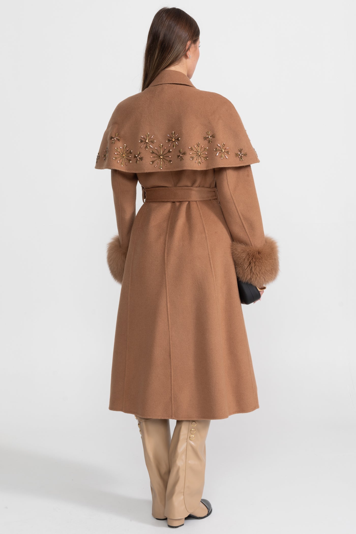 Embellished Wool Coat with Fox Fur Cuffs And Cape Overlay - Light Brown