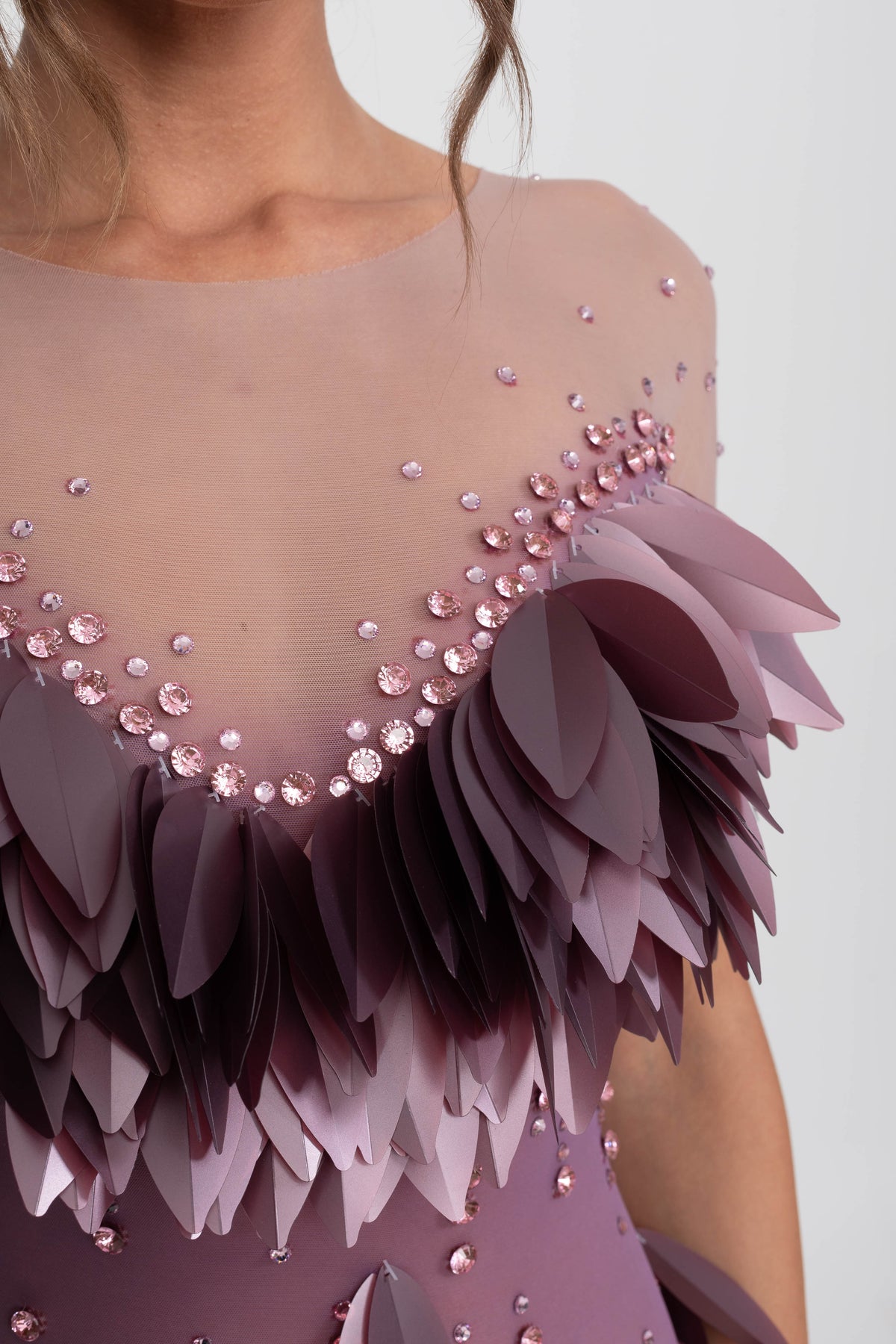 3D Petal Beaded Slit Dress With Short Sleeves - Purple