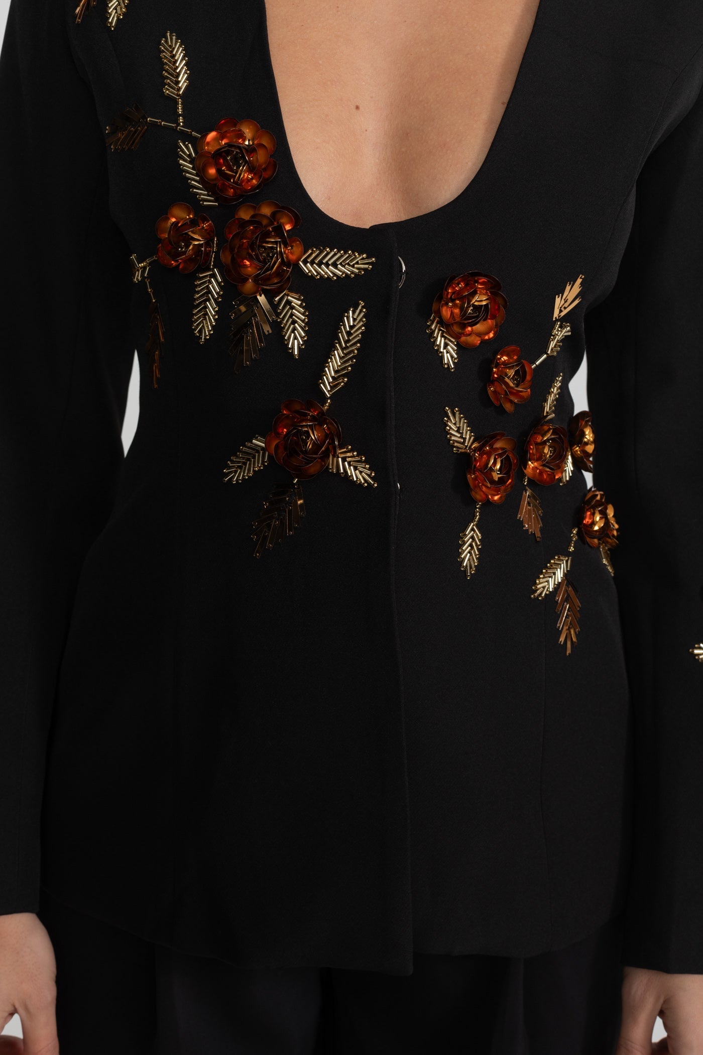 Deep V-Neck Blazer With Intricate Floral Embroidery - Black