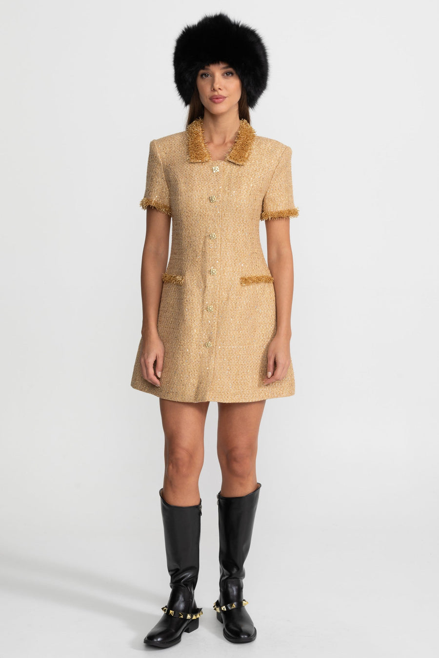 Allegra Gold Short Sleeve Tweed Mini Dress With Metallic Fringe Trim