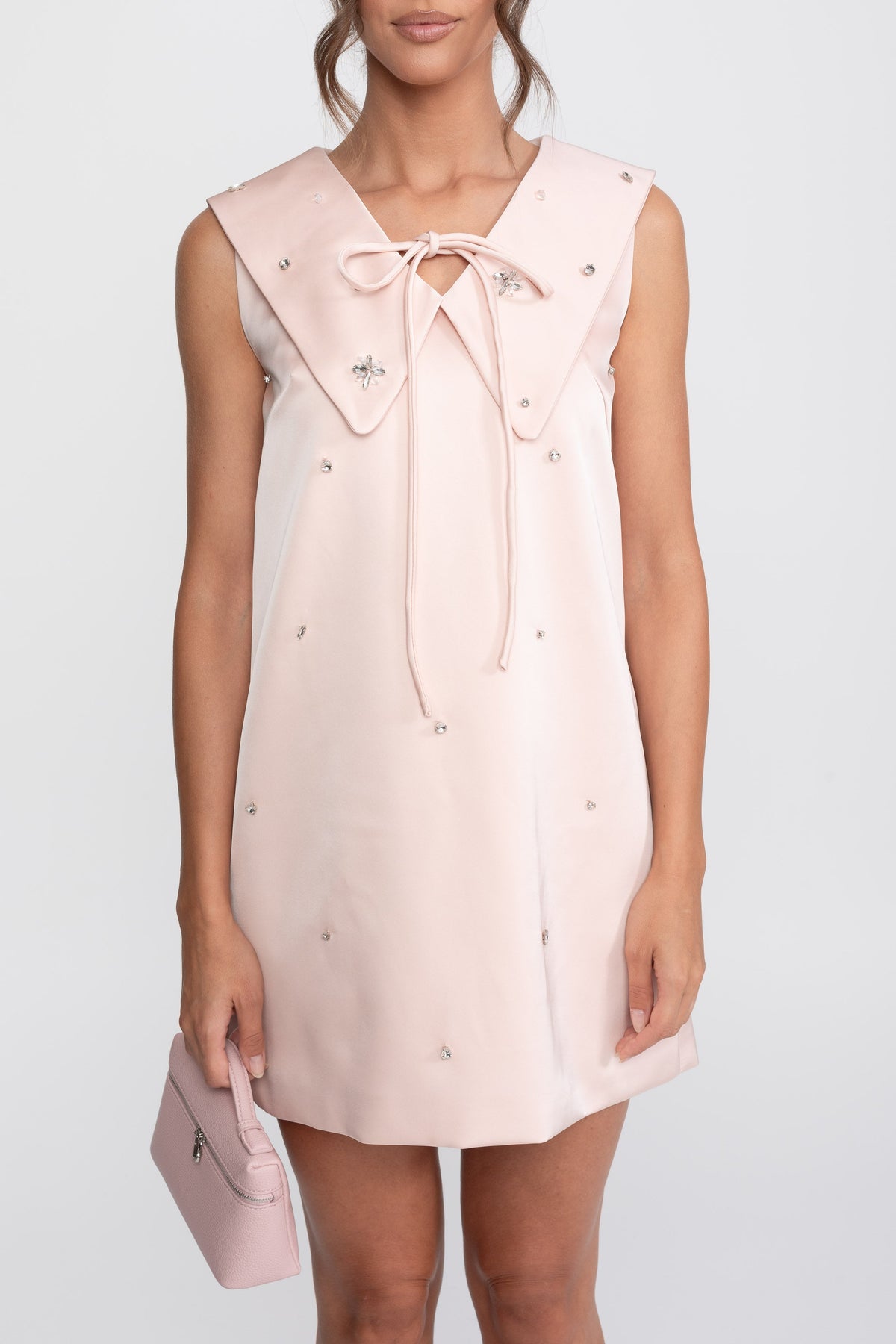 Sailor Collar Satin Mini Dress With Tie Neck - Pink