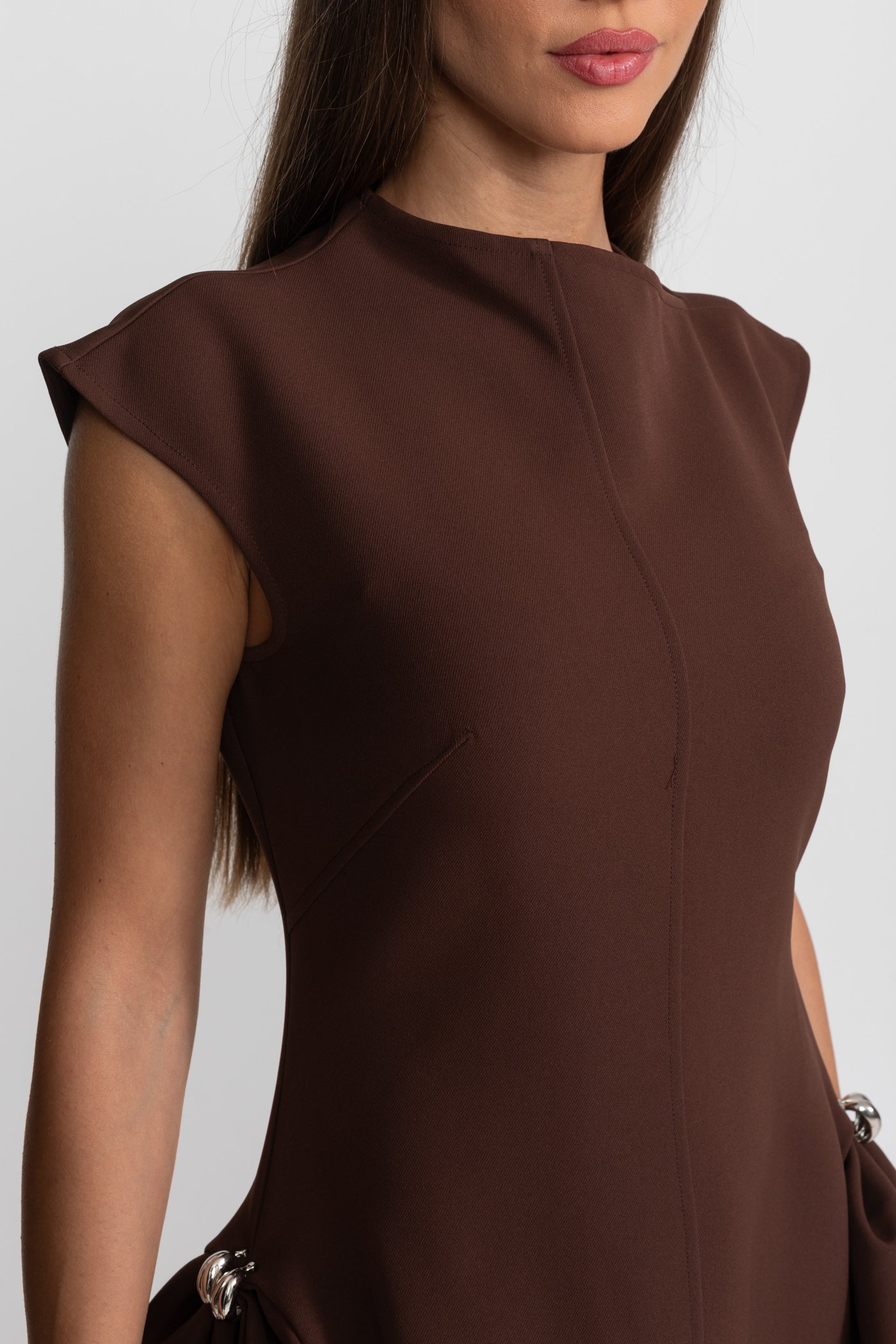 Structured Midi Dress with High-Low Hem and Metal Ring Details - Brown