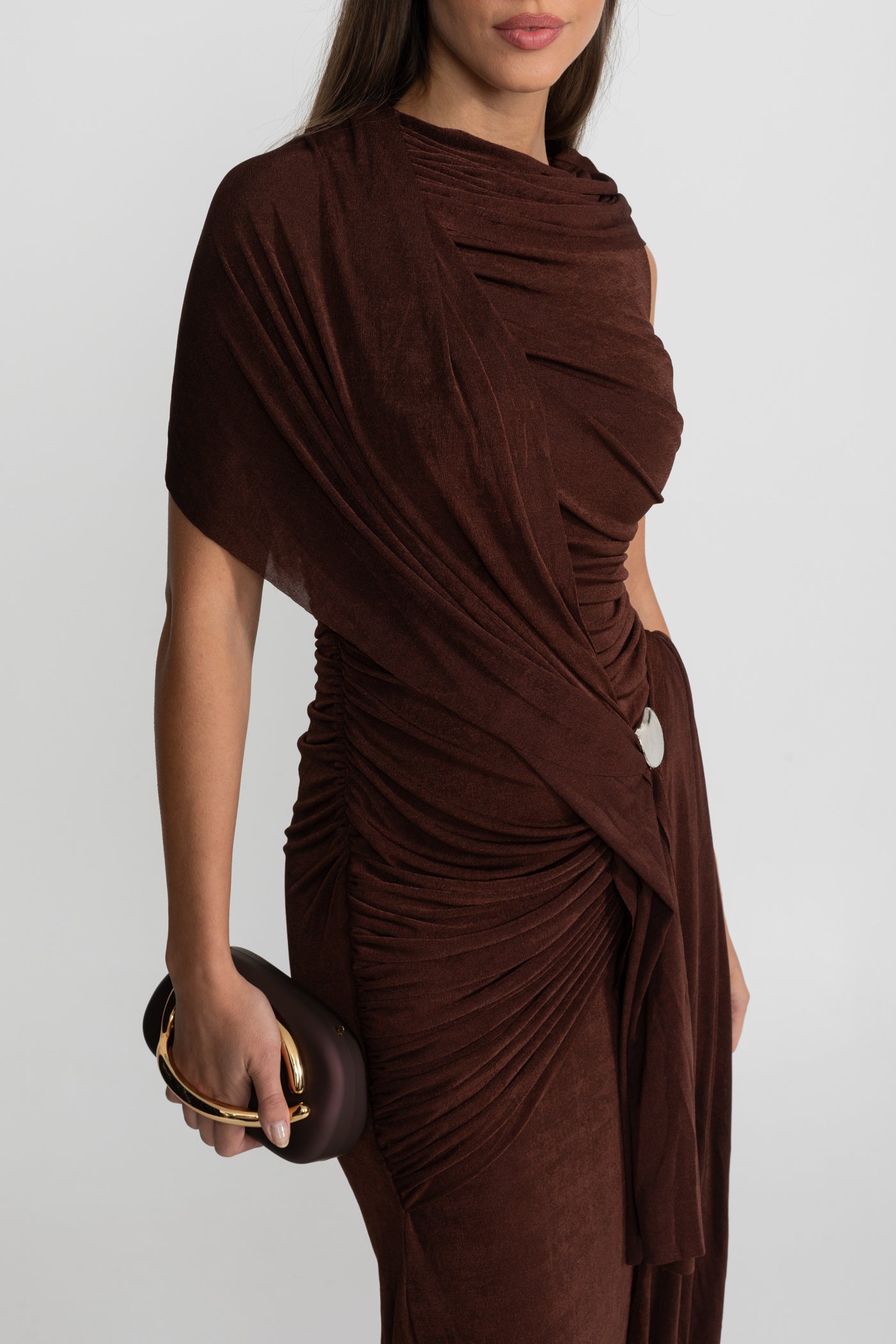 Draped Jersey Maxi Dress with Shoulder Scarf Detail - Brown
