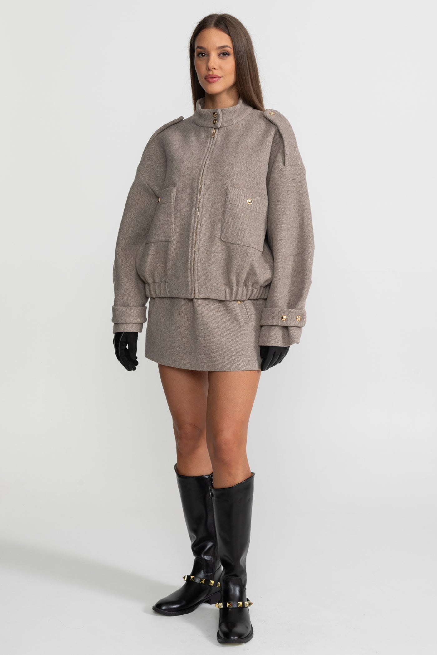 Structured Wool Bomber Jacket and Mini Skirt Co-Ord Set – Taupe