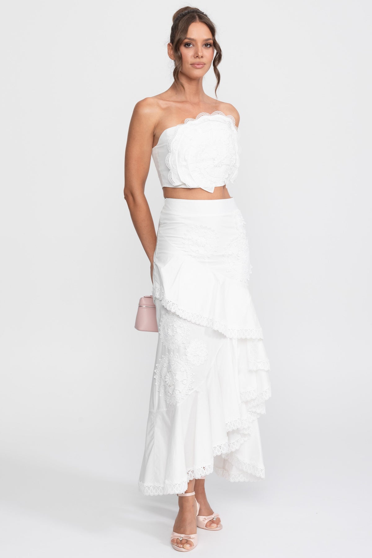 Crochet Medallion Two-Piece Set With Ruffled Maxi Skirt - White