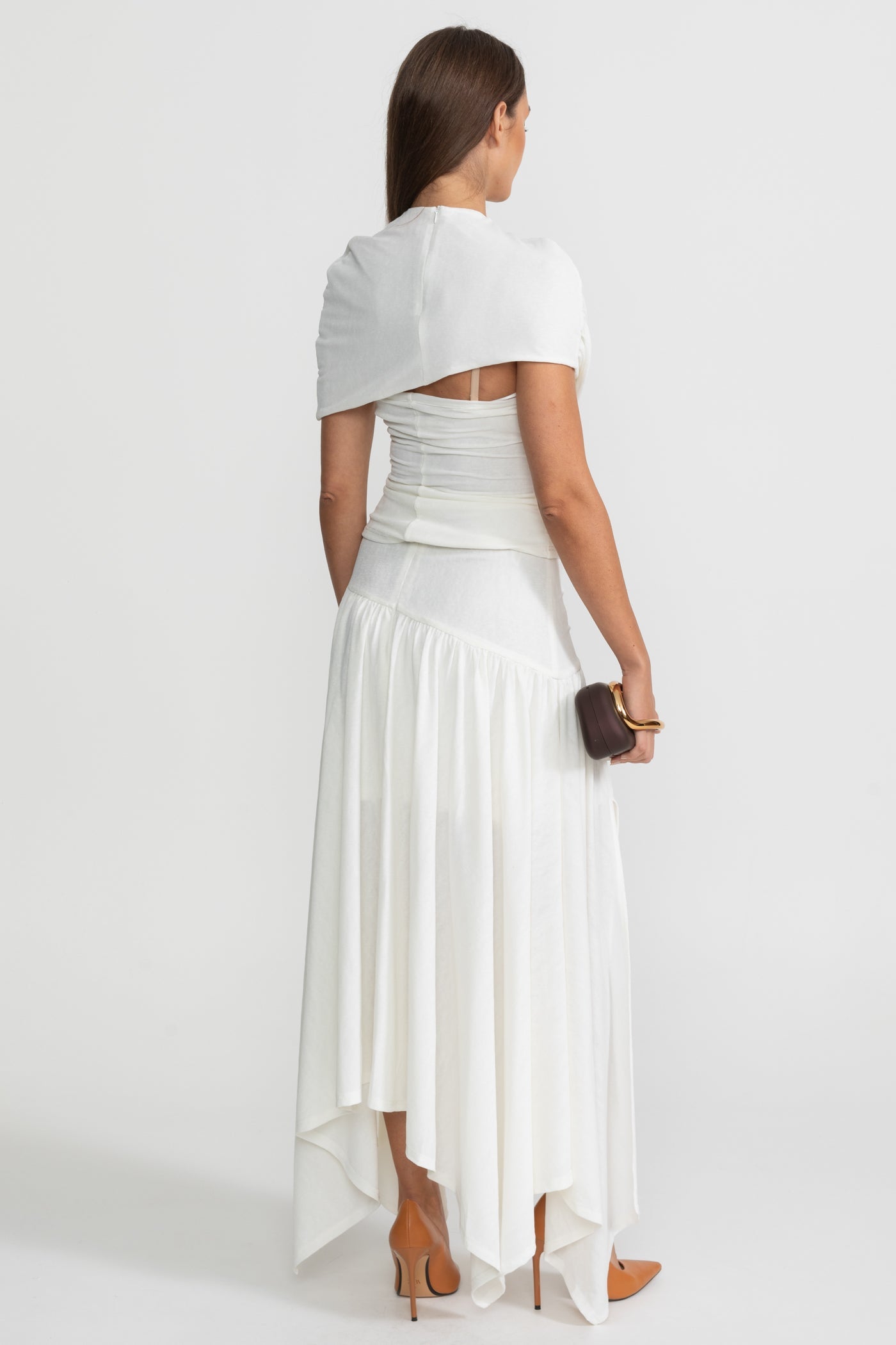 Asymmetric Jersey Co-Ord with Draped Shoulder and Cutout Detail - White