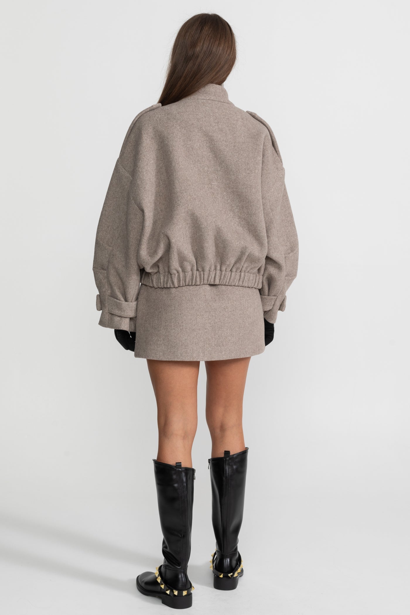 Structured Wool Bomber Jacket and Mini Skirt Co-Ord Set – Taupe