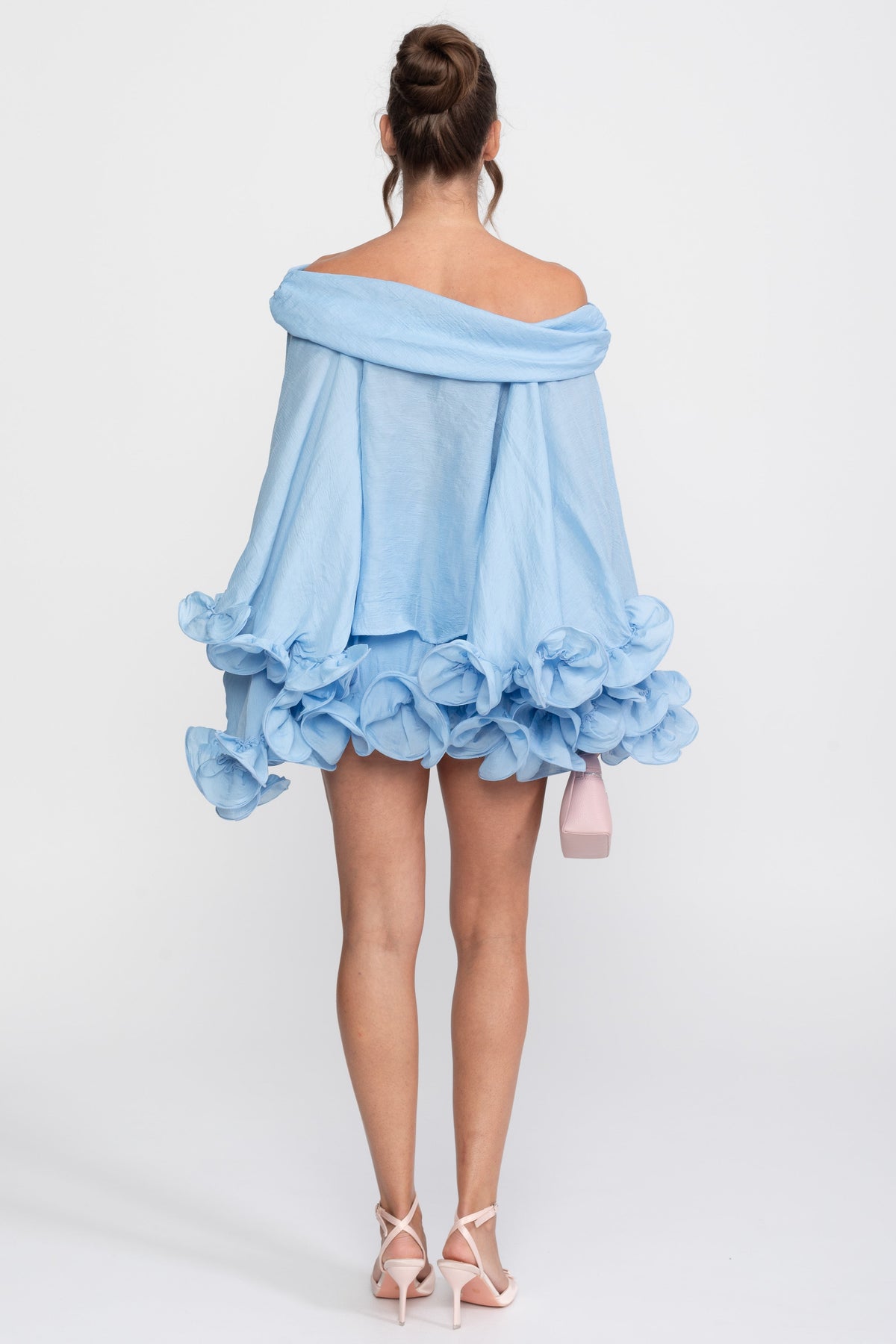 Off-Shoulder Ruffle Hem Co-Ord With Long Sleeves Shirt and Mini Skort - Light Blue