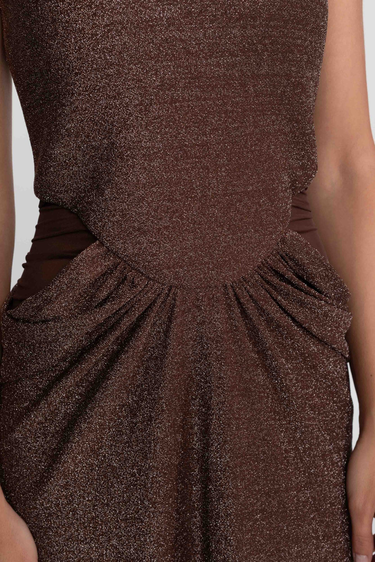 Hortense Coffee Metallic Knit Cutout Column Gown With Scoop Neck