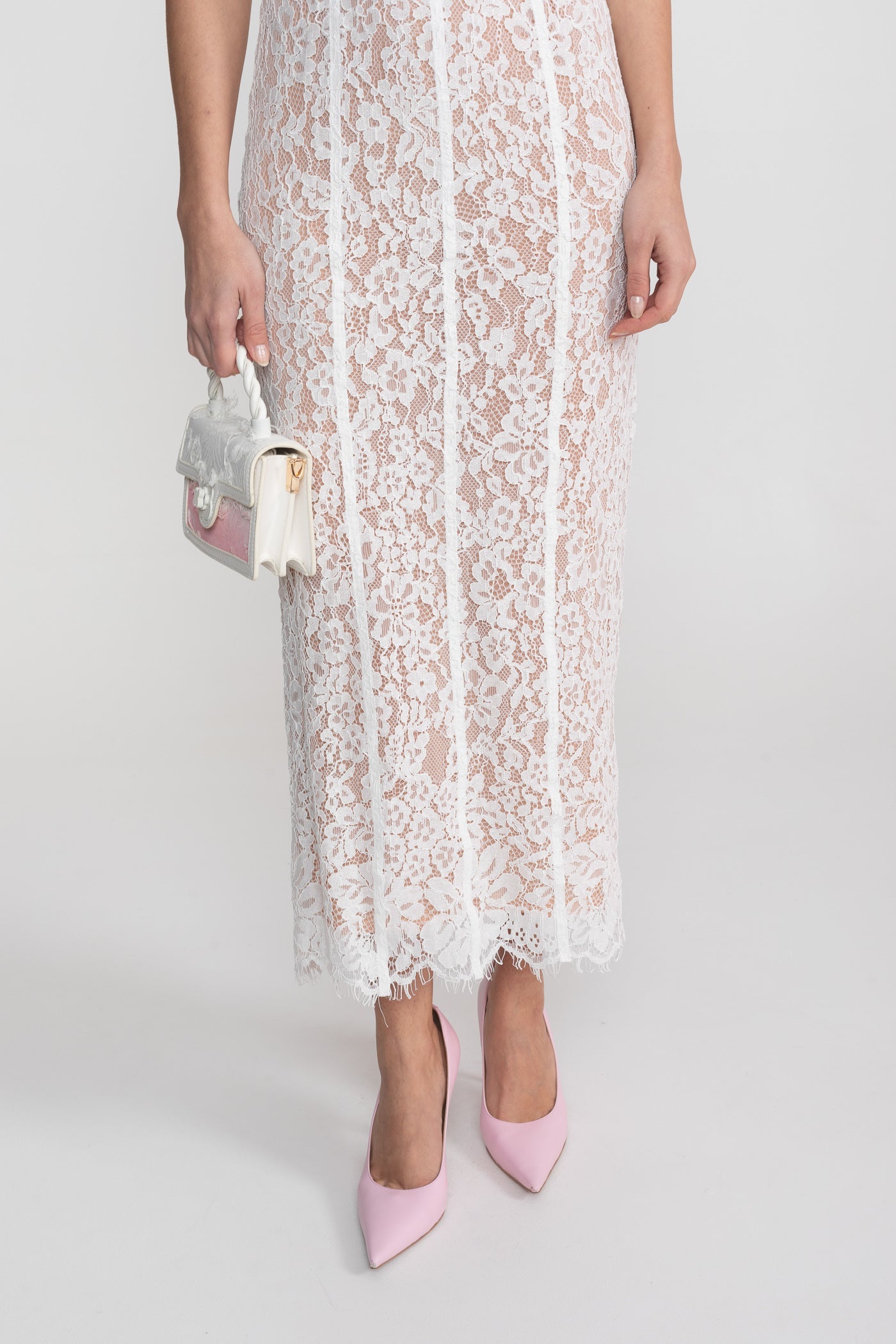 Lace Midi Dress With Sheer Corset Bodice - White