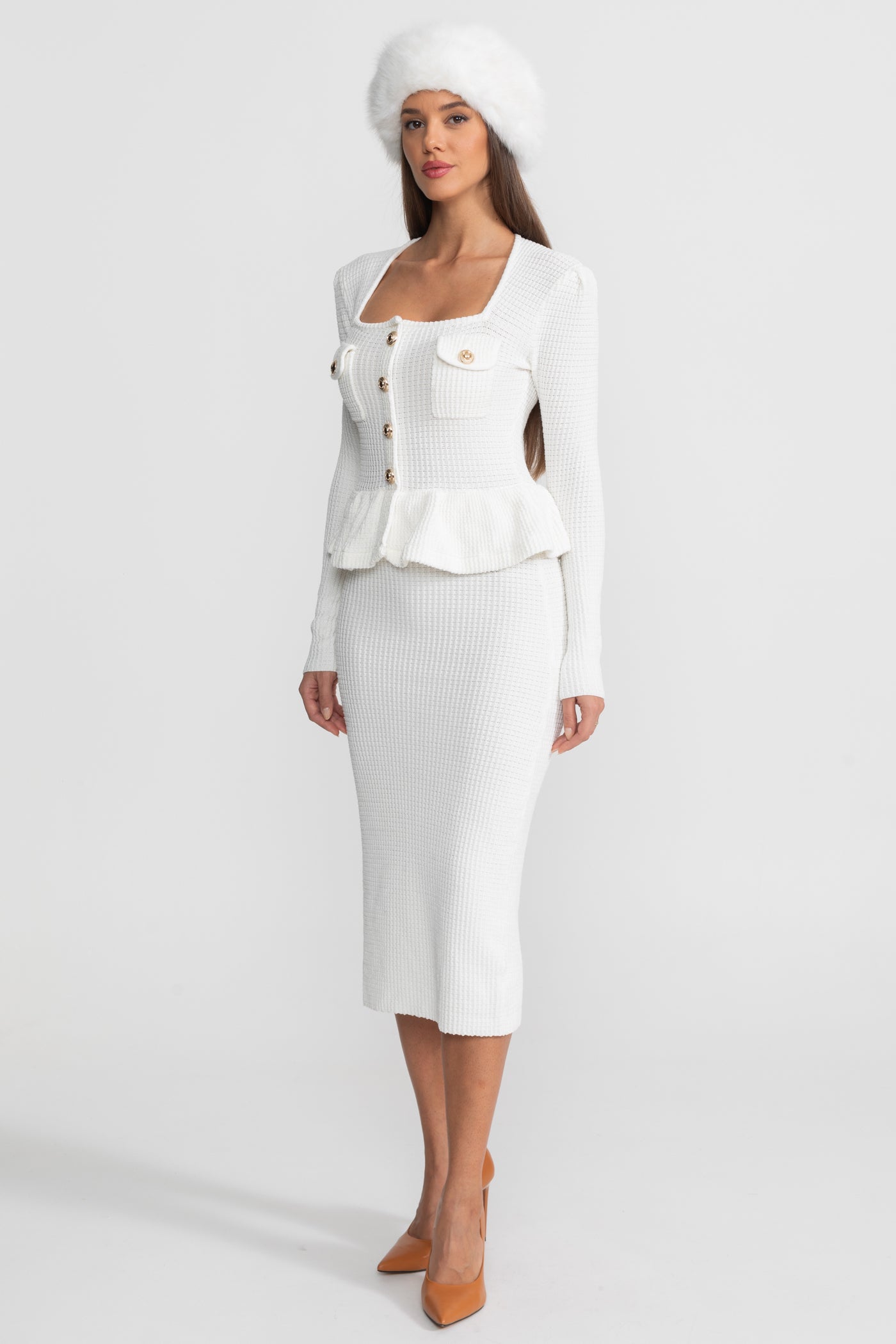 Textured Knit Dress with Peplum Waist and Gold Buttons - White