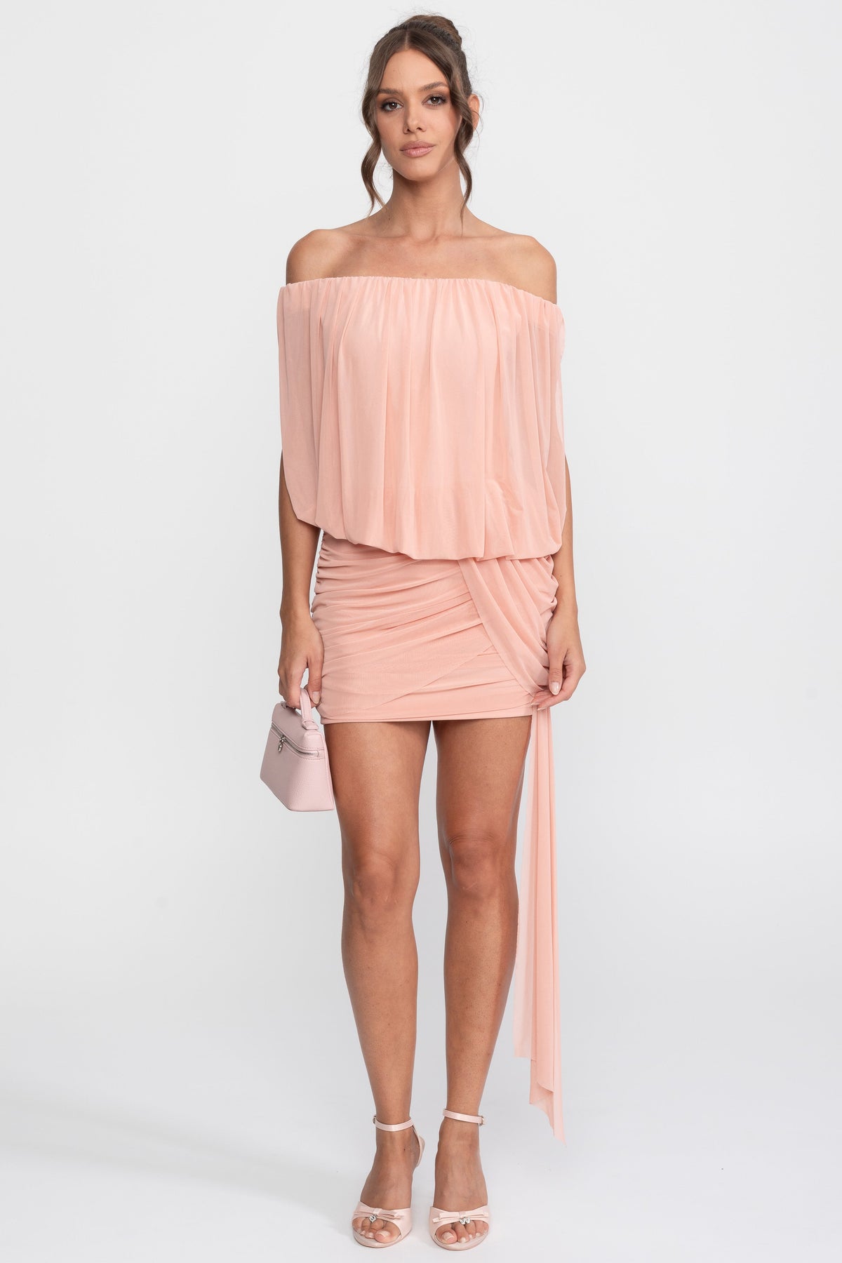 Off-Shoulder Ruched Wrap Mini Dress With Tie Waist - Peach