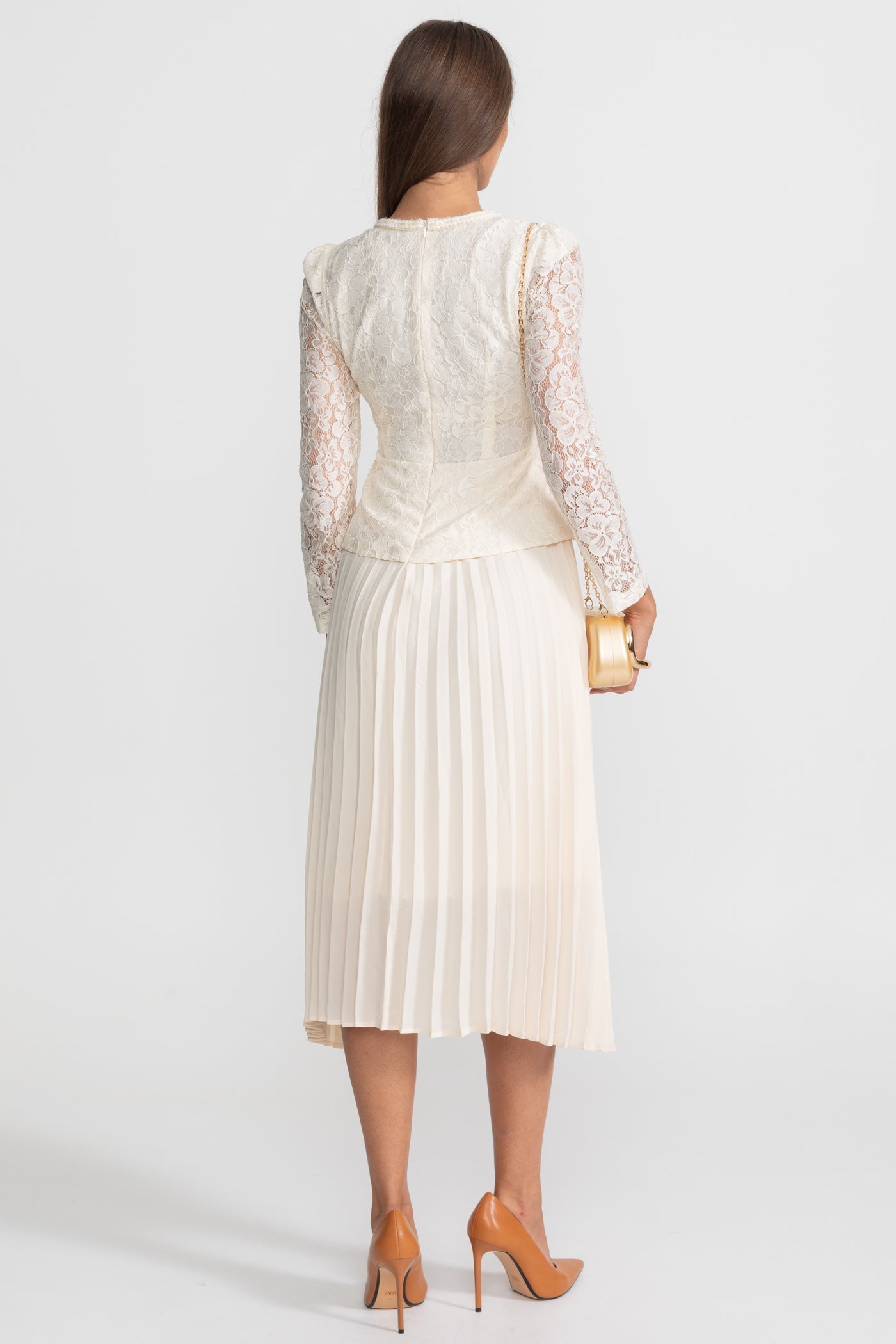 Lace and Pleated Midi Dress with Gold Button Detailing - Ivoire
