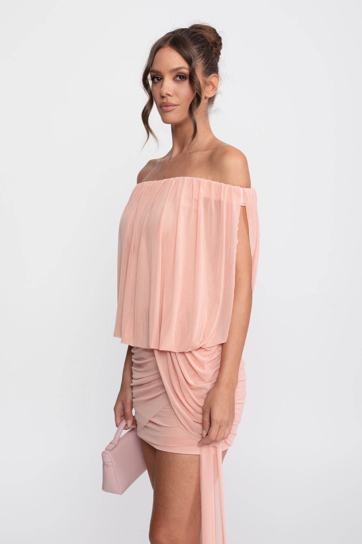 Off-Shoulder Ruched Wrap Mini Dress With Tie Waist - Peach