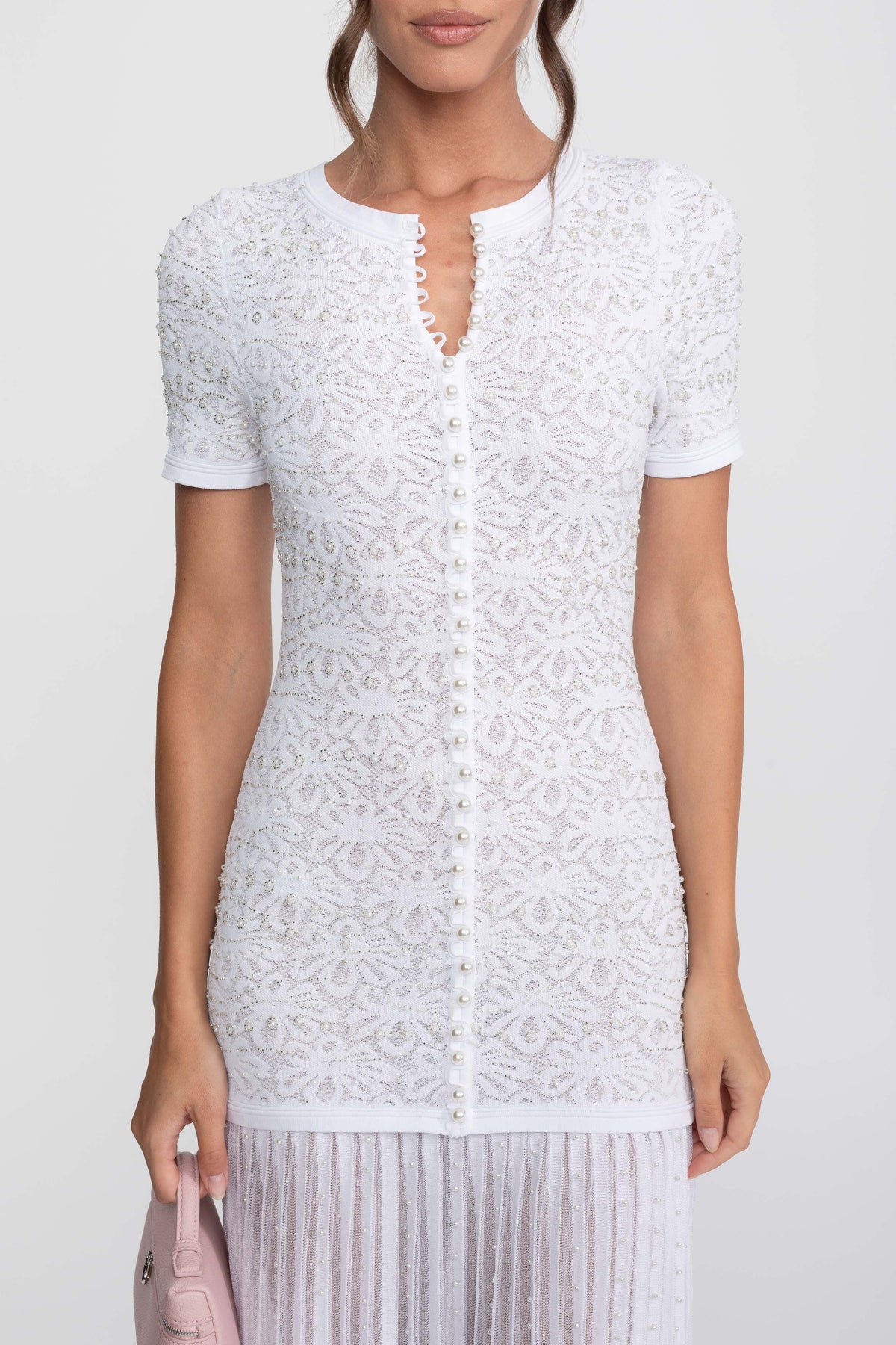 Celestine White Short Sleeve Midi Dress With Pearl Embellishments