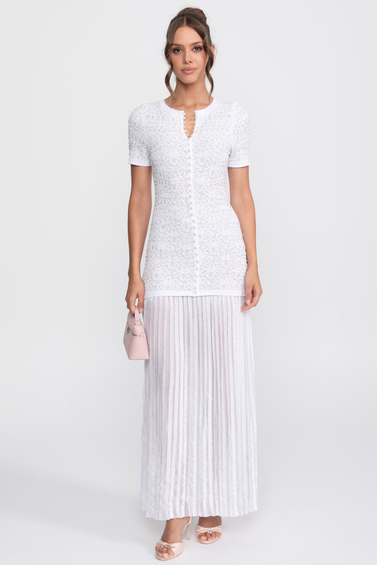 Celestine White Short Sleeve Midi Dress With Pearl Embellishments