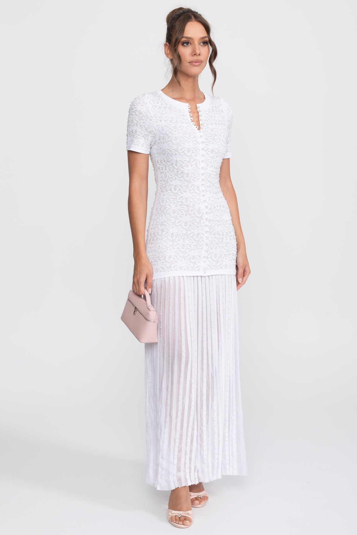 Celestine White Short Sleeve Midi Dress With Pearl Embellishments