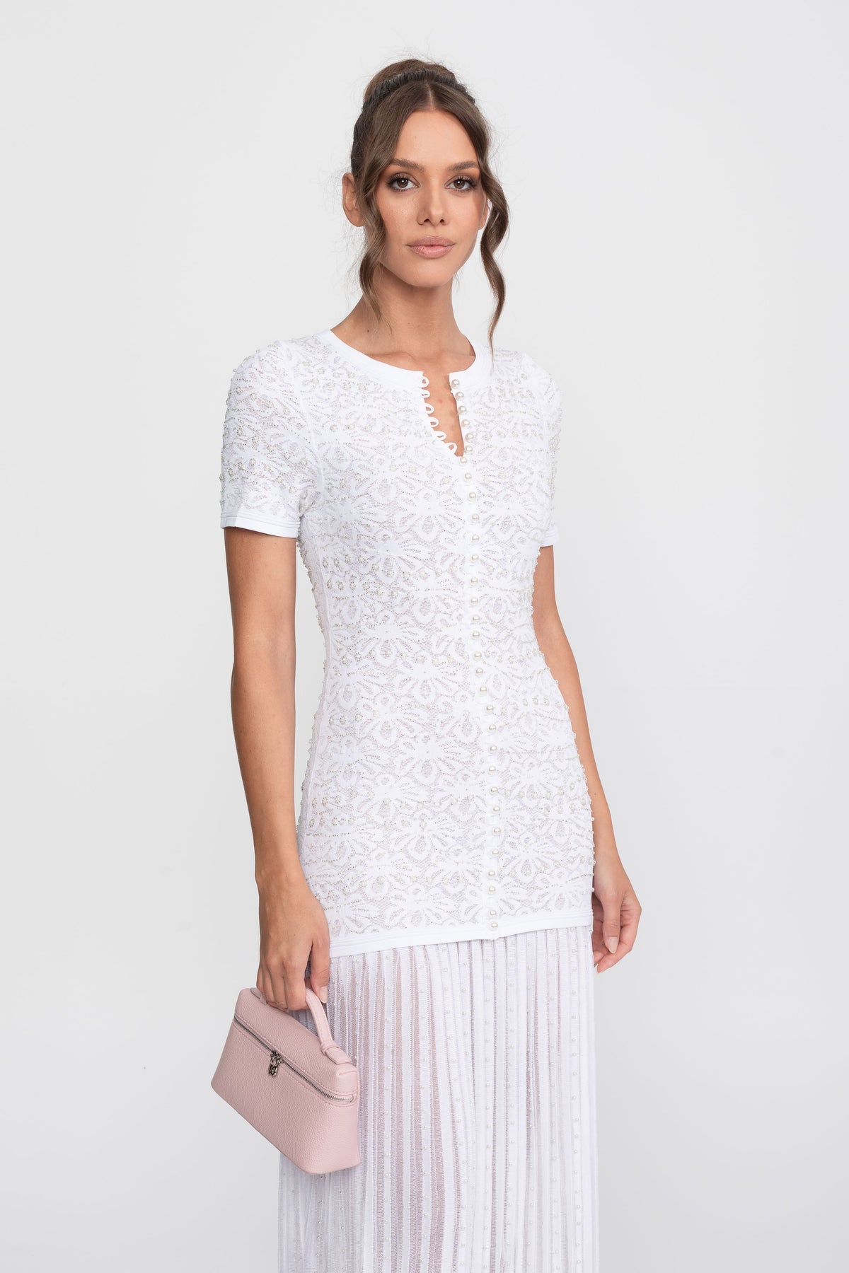Celestine White Short Sleeve Midi Dress With Pearl Embellishments
